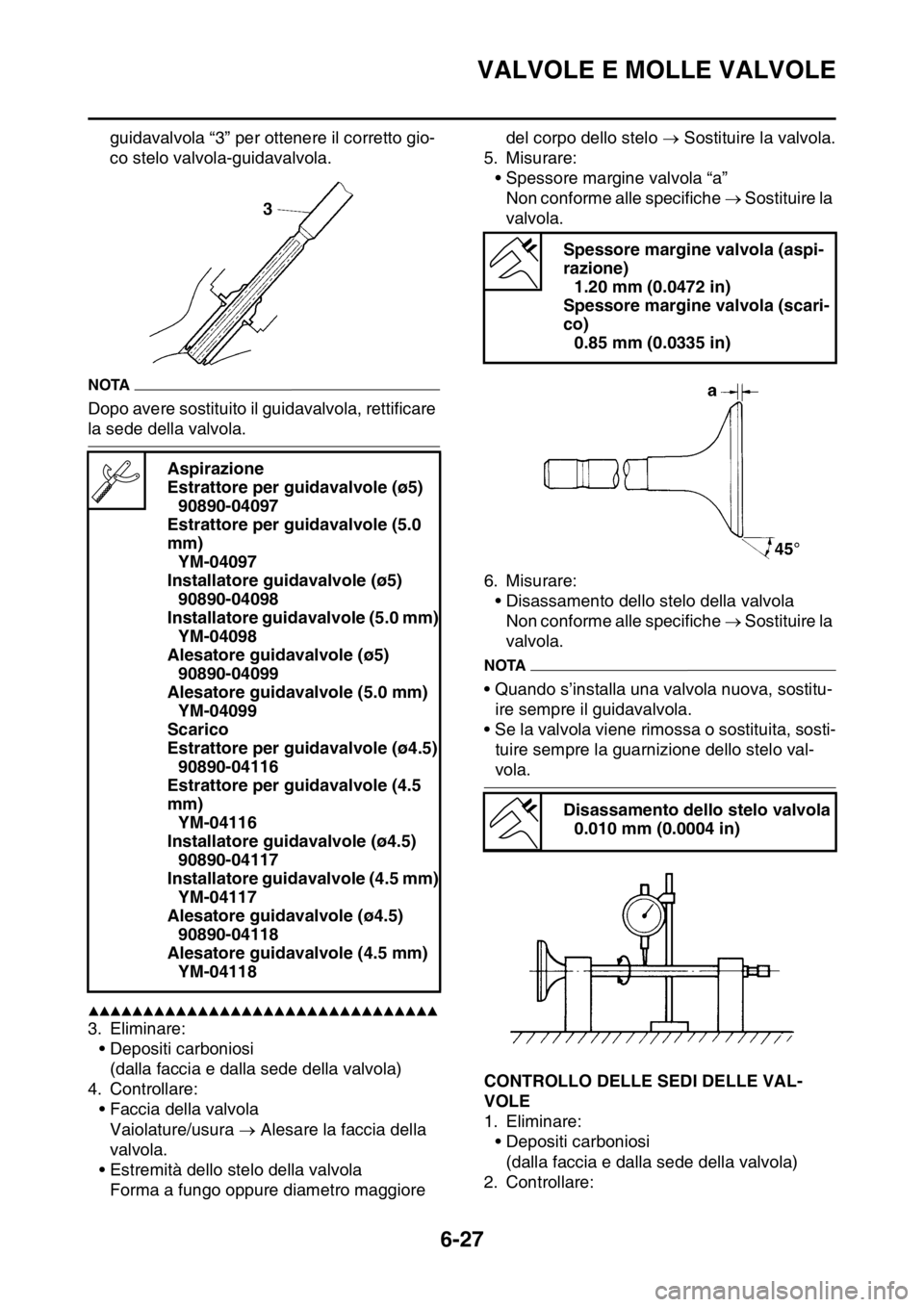 YAMAHA WR 250F 2016  Manuale duso (in Italian) VALVOLE E MOLLE VALVOLE
6-27
guidavalvola “3” per ottenere il corretto gio-
co stelo valvola-guidavalvola.
NOTA
Dopo avere sostituito il guidavalvola, rettificare 
la sede della valvola.
▲▲▲