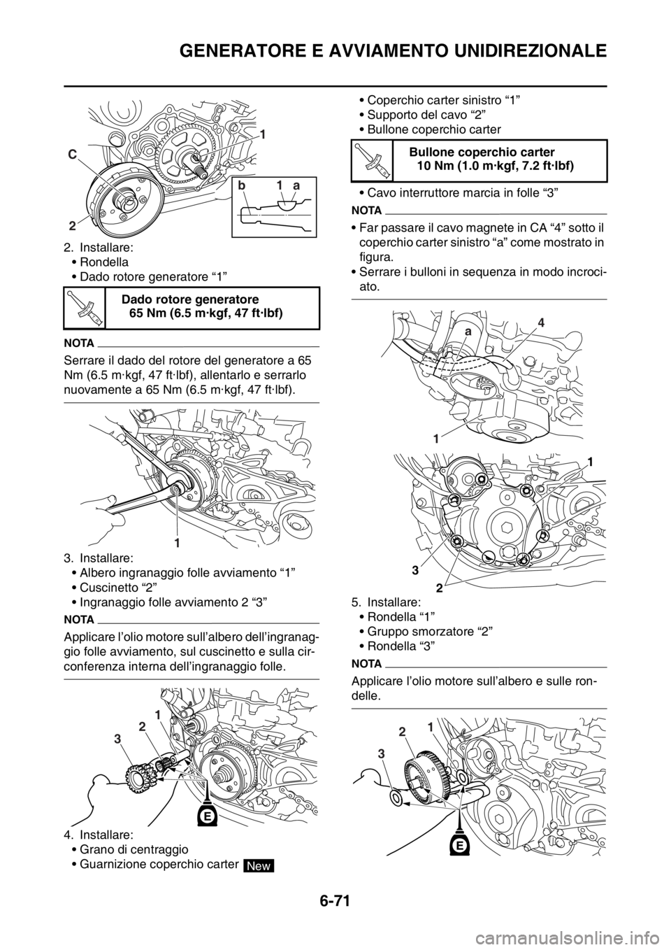 YAMAHA WR 250F 2016  Manuale duso (in Italian) GENERATORE E AVVIAMENTO UNIDIREZIONALE
6-71
2. Installare:
• Rondella
• Dado rotore generatore “1”
NOTA
Serrare il dado del rotore del generatore a 65 
Nm (6.5 m·kgf, 47 ft·lbf), allentarlo 