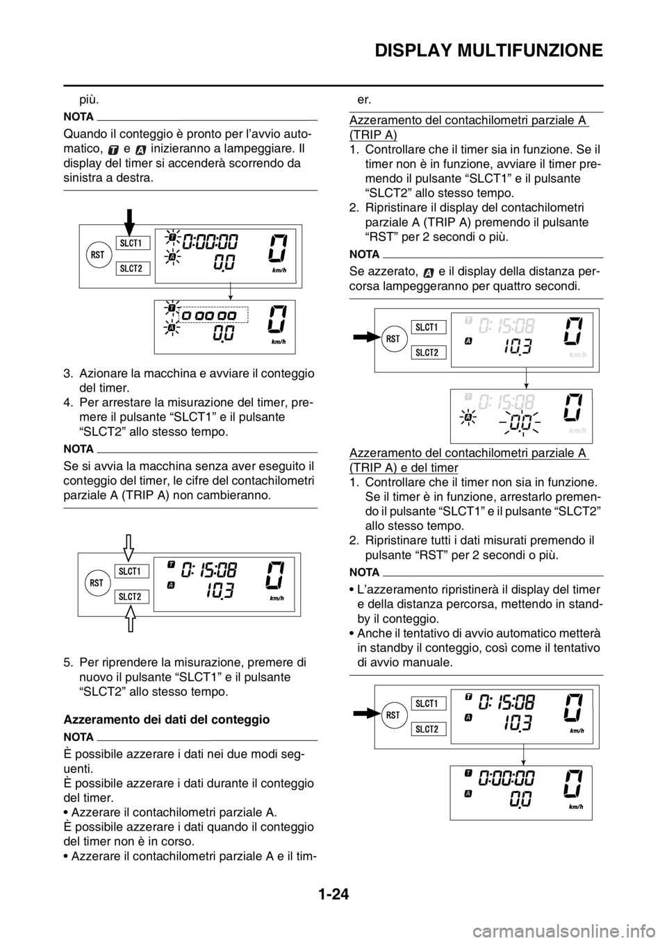 YAMAHA WR 250F 2016  Manuale duso (in Italian) DISPLAY MULTIFUNZIONE
1-24
più.
NOTA
Quando il conteggio è pronto per l’avvio auto-
matico,   e   inizieranno a lampeggiare. Il 
display del timer si accenderà scorrendo da 
sinistra a destra.
3.