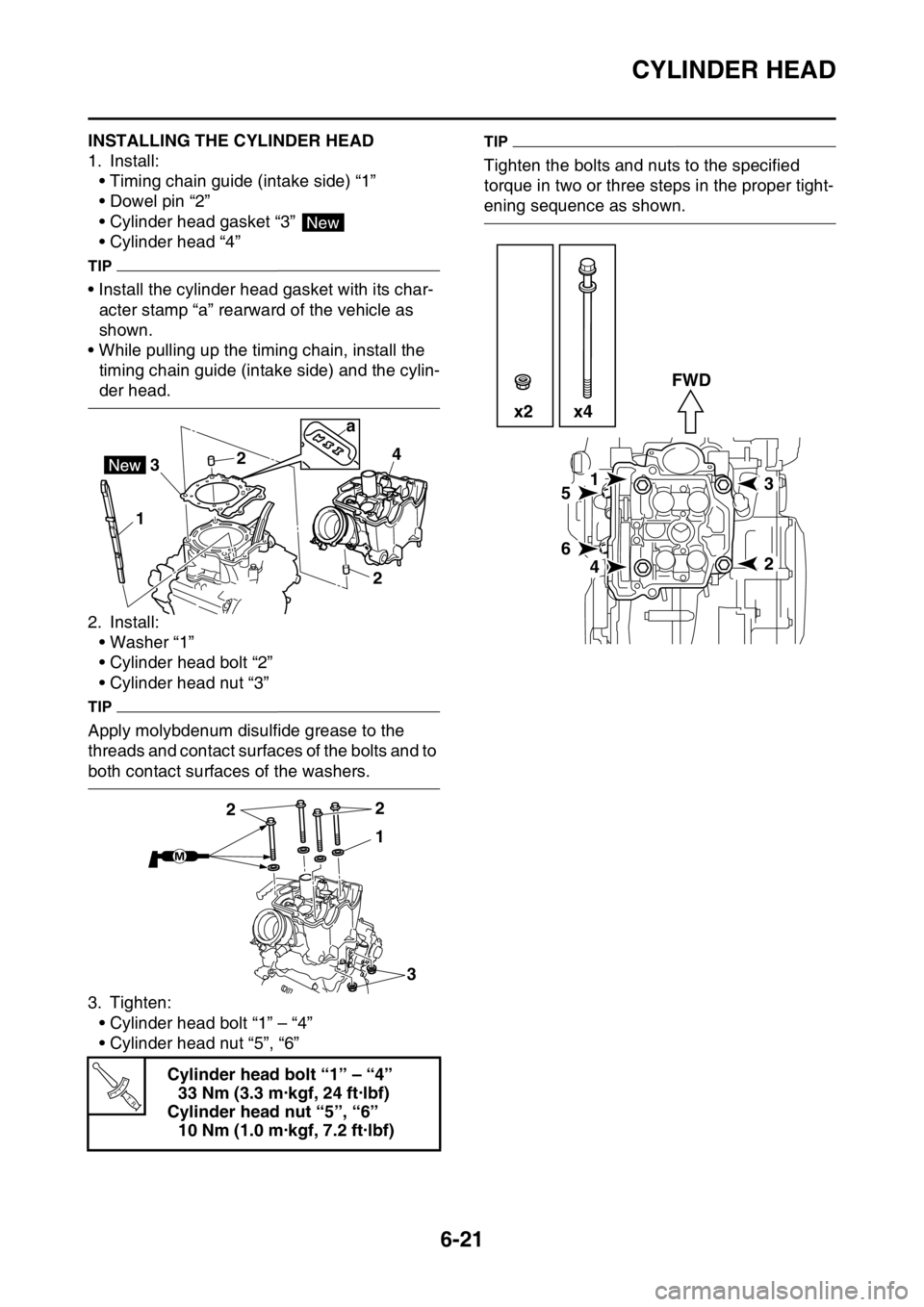 YAMAHA WR 250F 2015  Owners Manual CYLINDER HEAD
6-21
EAS2GB2250INSTALLING THE CYLINDER HEAD
1. Install:
• Timing chain guide (intake side) “1”
• Dowel pin “2”
• Cylinder head gasket “3” 
• Cylinder head “4”
TIP