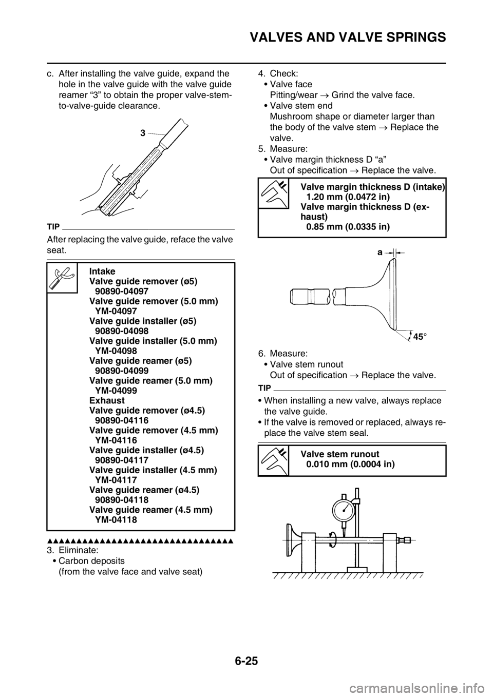 YAMAHA WR 250F 2015 Owners Manual VALVES AND VALVE SPRINGS
6-25
c. After installing the valve guide, expand the
hole in the valve guide with the valve guide
reamer “3” to obtain the proper valve-stem-
to-valve-guide clearance.
T YAMAHA WR 250F 2015 Owners Manual VALVES AND VALVE SPRINGS
6-25
c. After installing the valve guide, expand the
hole in the valve guide with the valve guide
reamer “3” to obtain the proper valve-stem-
to-valve-guide clearance.
T