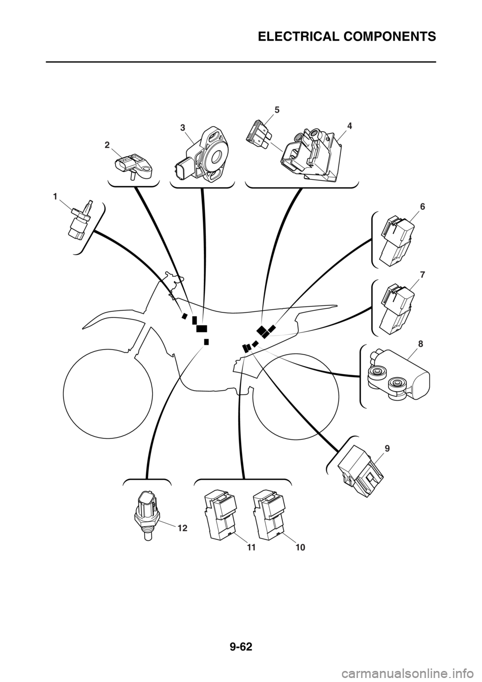 YAMAHA WR 250F 2015  Owners Manual ELECTRICAL COMPONENTS
9-62
12
1110
2
3
1
6
7
4
5
8
9 