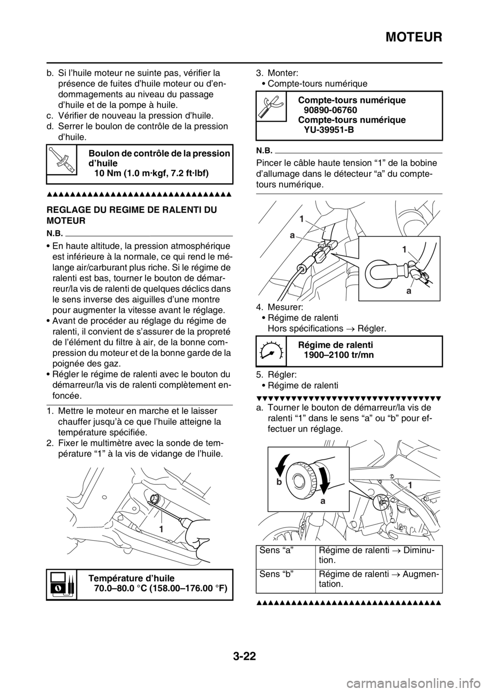 YAMAHA WR 250F 2015  Notices Demploi (in French) MOTEUR
3-22
b. Si l’huile moteur ne suinte pas, vérifier la 
présence de fuites d’huile moteur ou d’en-
dommagements au niveau du passage 
d’huile et de la pompe à huile.
c. Vérifier de no