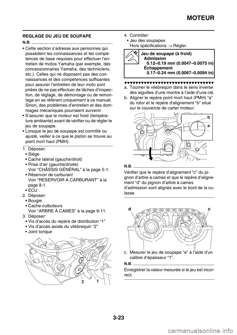 YAMAHA WR 250F 2015  Notices Demploi (in French) MOTEUR
3-23
FAS2GB2101REGLAGE DU JEU DE SOUPAPE
N.B.
• Cette section s’adresse aux personnes qui 
possèdent les connaissances et les compé-
tences de base requises pour effectuer l’en-
tretien