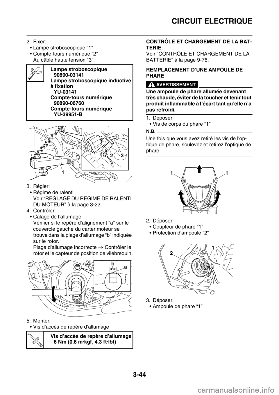 YAMAHA WR 250F 2015  Notices Demploi (in French) CIRCUIT ELECTRIQUE
3-44
2. Fixer:
• Lampe stroboscopique “1”
• Compte-tours numérique “2”
Au câble haute tension “3”.
3. Régler:
• Régime de ralenti
Voir “REGLAGE DU REGIME DE 