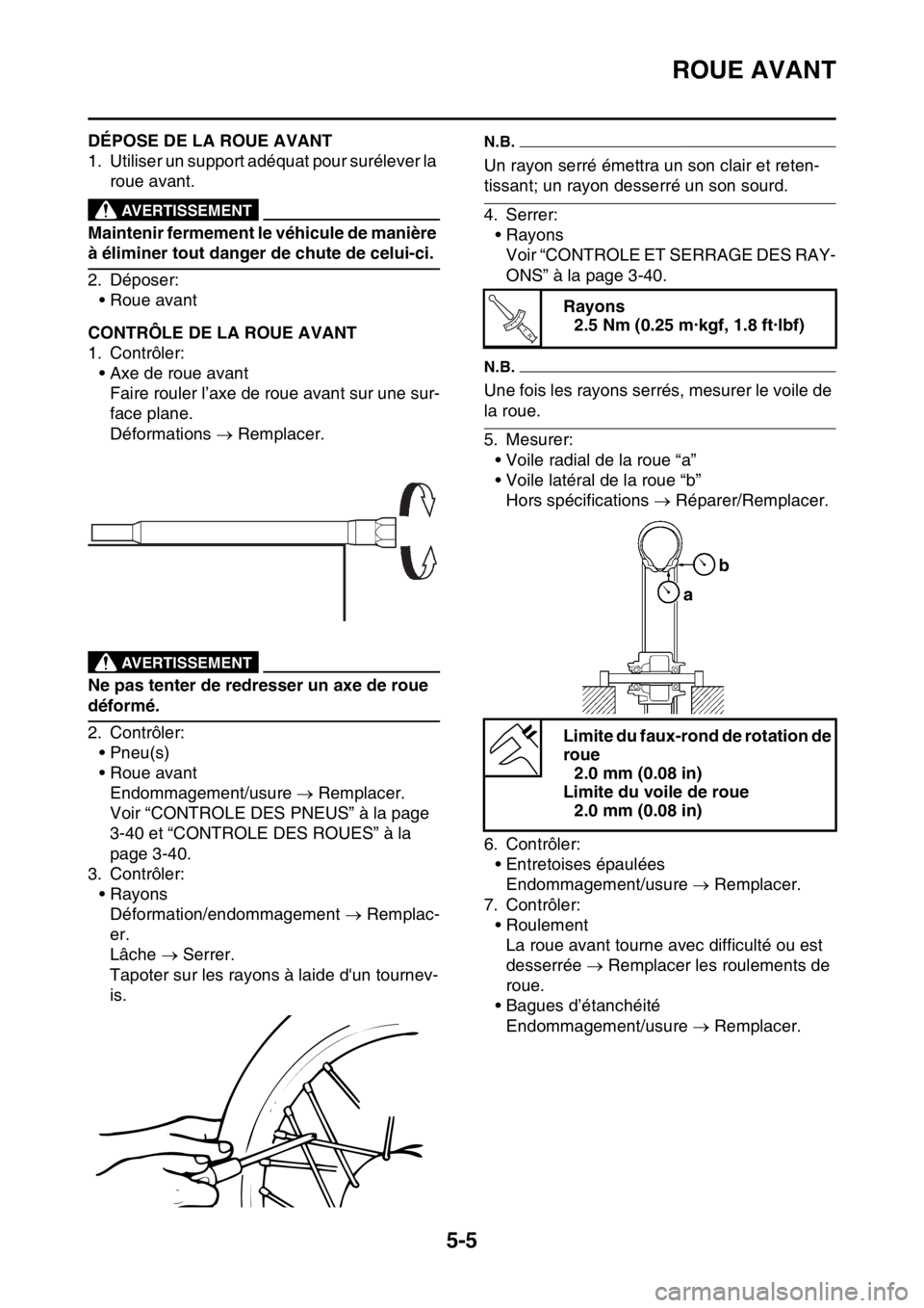 YAMAHA WR 250F 2015  Notices Demploi (in French) ROUE AVANT
5-5
FAS2GB2157DÉPOSE DE LA ROUE AVANT
1. Utiliser un support adéquat pour surélever la 
roue avant.
EWA
AVERTISSEMENT
Maintenir fermement le véhicule de manière 
à éliminer tout dang