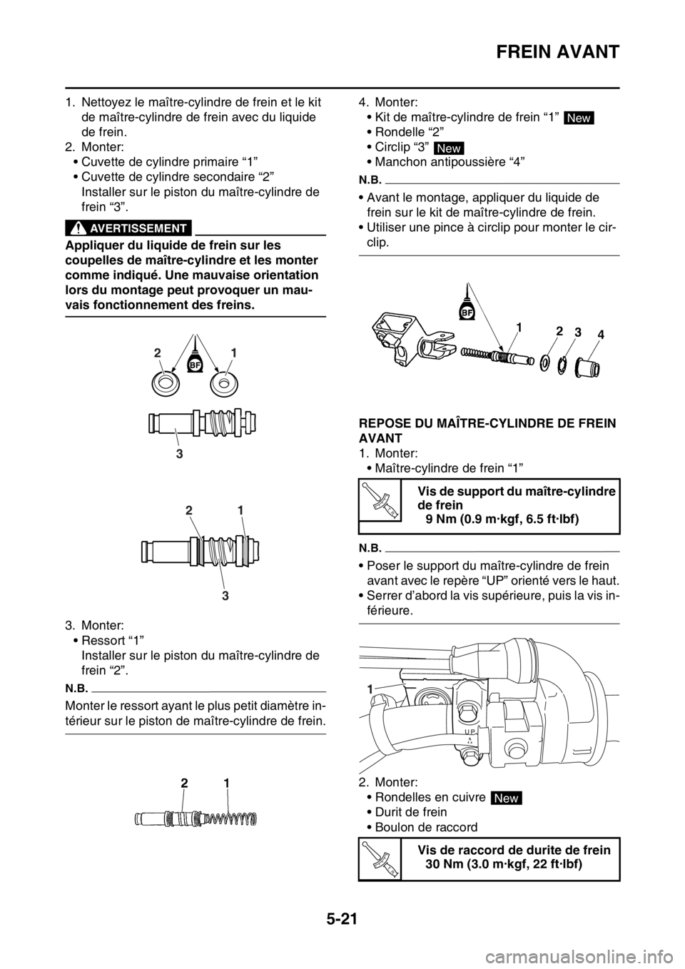 YAMAHA WR 250F 2015  Notices Demploi (in French) FREIN AVANT
5-21
1. Nettoyez le maître-cylindre de frein et le kit 
de maître-cylindre de frein avec du liquide 
de frein.
2. Monter:
• Cuvette de cylindre primaire “1”
• Cuvette de cylindre