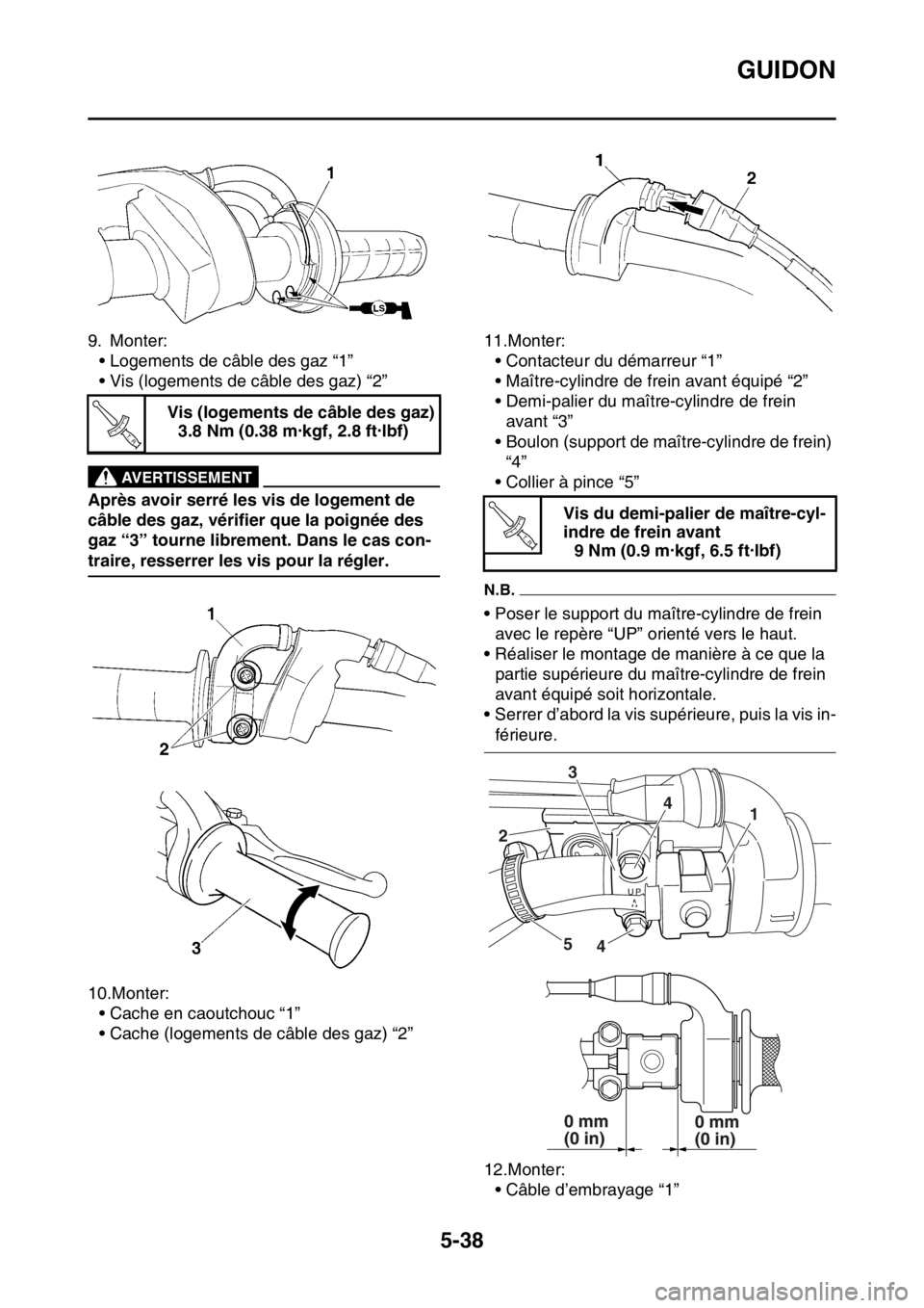 YAMAHA WR 250F 2015  Notices Demploi (in French) GUIDON
5-38
9. Monter:
• Logements de câble des gaz “1”
• Vis (logements de câble des gaz) “2”
EWA
AVERTISSEMENT
Après avoir serré les vis de logement de 
câble des gaz, vérifier que