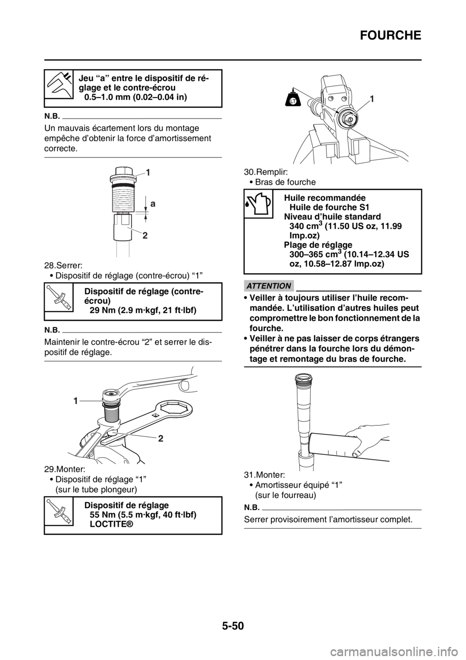 YAMAHA WR 250F 2015  Notices Demploi (in French) FOURCHE
5-50
N.B.
Un mauvais écartement lors du montage 
empêche d’obtenir la force d’amortissement 
correcte.
28.Serrer:
• Dispositif de réglage (contre-écrou) “1”
N.B.
Maintenir le con