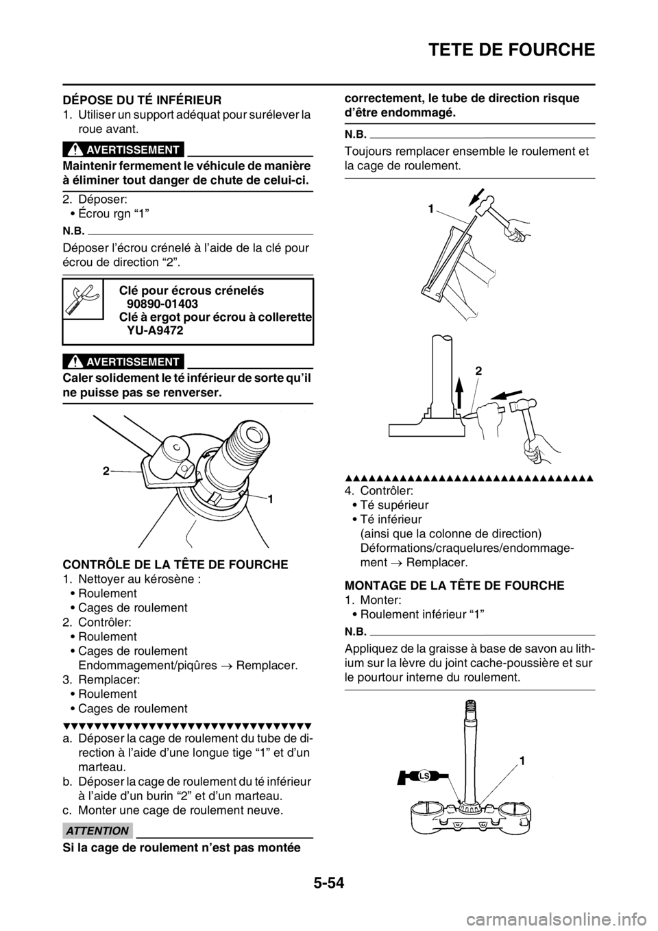 YAMAHA WR 250F 2015  Notices Demploi (in French) TETE DE FOURCHE
5-54
FAS2GB2206DÉPOSE DU TÉ INFÉRIEUR
1. Utiliser un support adéquat pour surélever la 
roue avant.
EWA
AVERTISSEMENT
Maintenir fermement le véhicule de manière 
à éliminer to