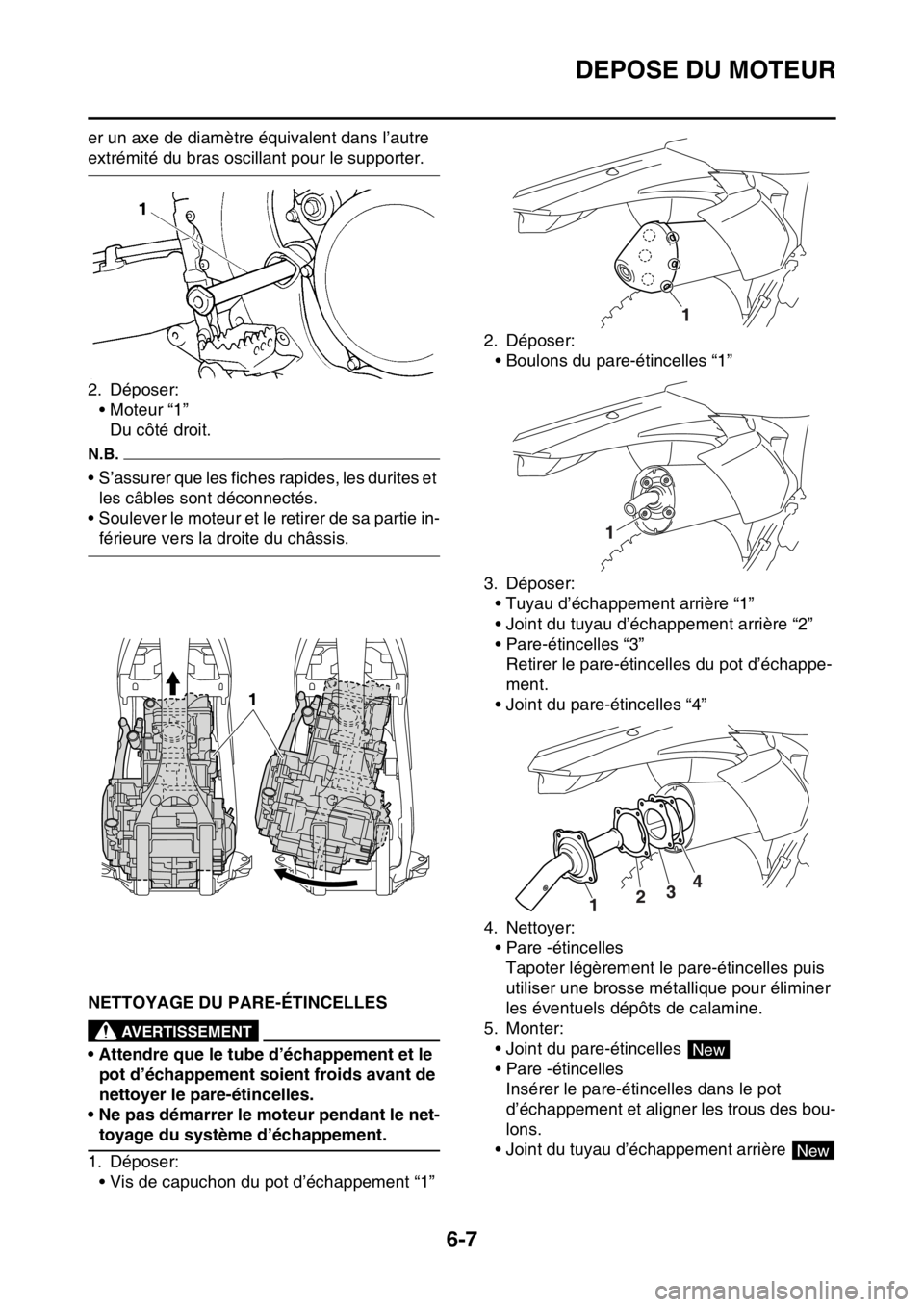 YAMAHA WR 250F 2015  Notices Demploi (in French) DEPOSE DU MOTEUR
6-7
er un axe de diamètre équivalent dans l’autre 
extrémité du bras oscillant pour le supporter.
2. Déposer:
• Moteur “1”
Du côté droit.
N.B.
• S’assurer que les f