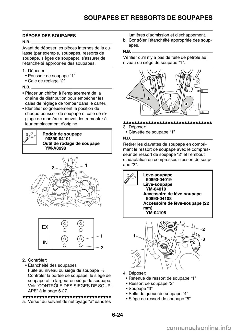 YAMAHA WR 250F 2015  Notices Demploi (in French) SOUPAPES ET RESSORTS DE SOUPAPES
6-24
FAS2GB2252DÉPOSE DES SOUPAPES
N.B.
Avant de déposer les pièces internes de la cu-
lasse (par exemple, soupapes, ressorts de 
soupape, sièges de soupape), s’