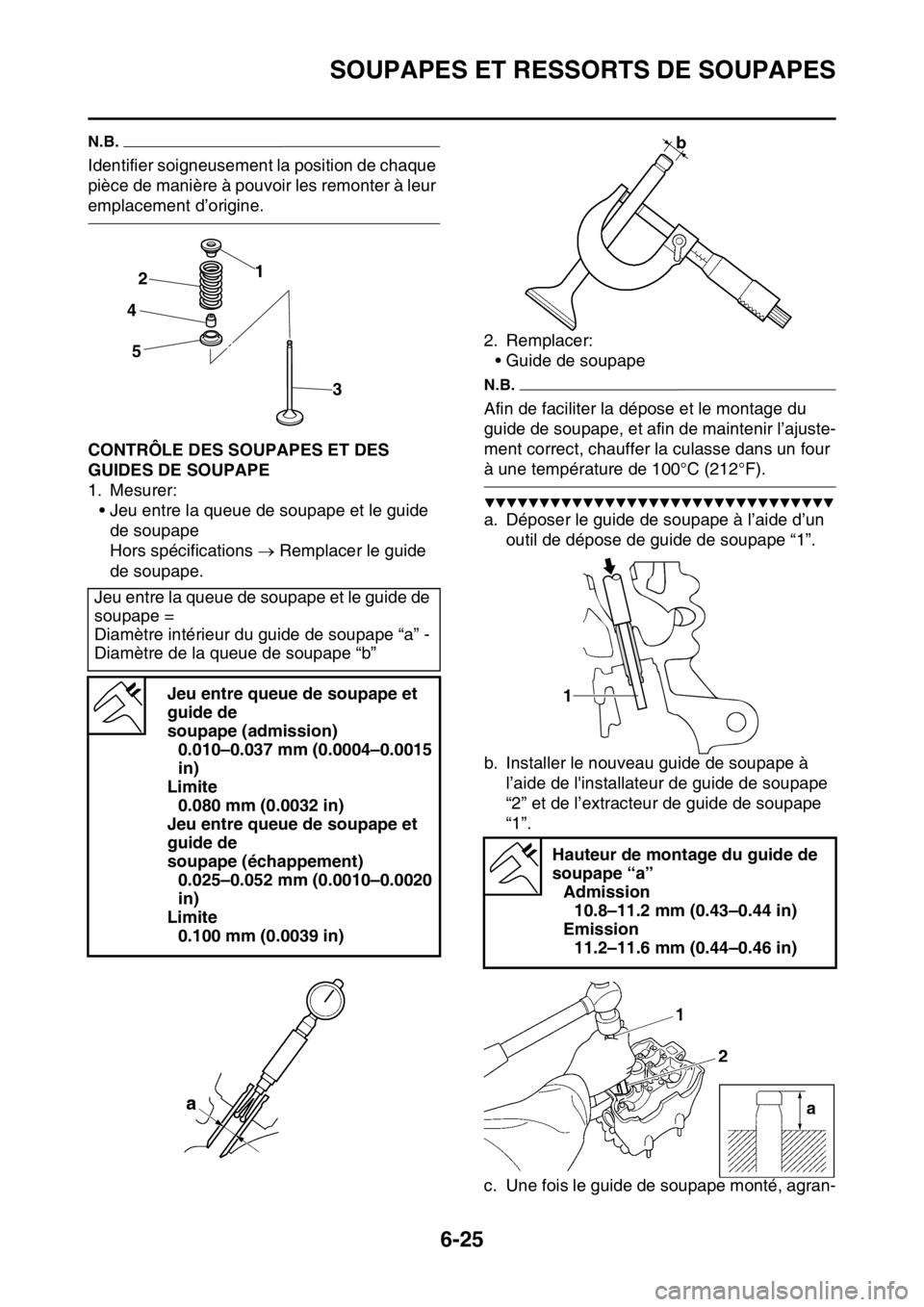 YAMAHA WR 250F 2015  Notices Demploi (in French) SOUPAPES ET RESSORTS DE SOUPAPES
6-25
N.B.
Identifier soigneusement la position de chaque 
pièce de manière à pouvoir les remonter à leur 
emplacement d’origine.
FAS2GB2253CONTRÔLE DES SOUPAPES