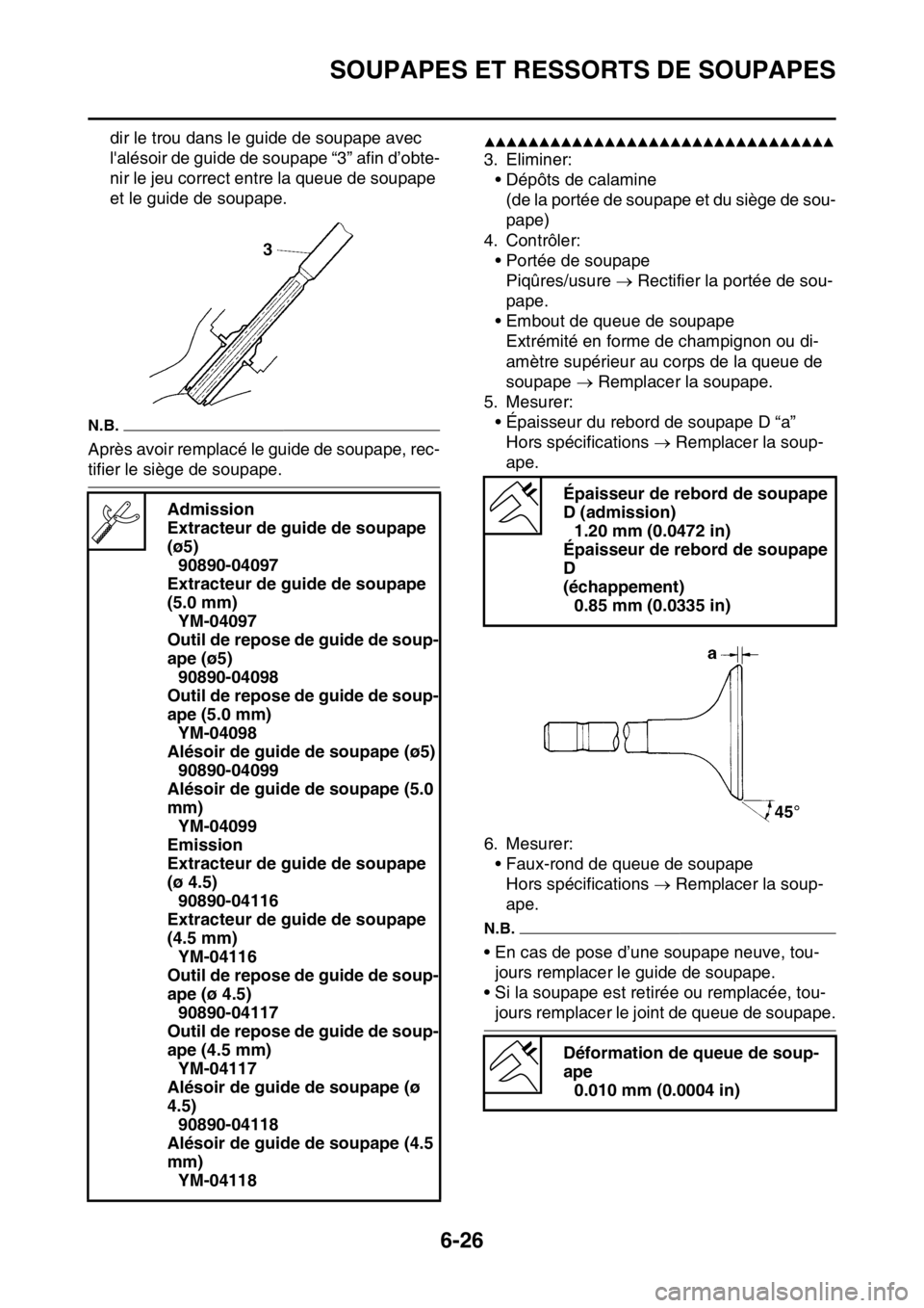 YAMAHA WR 250F 2015  Notices Demploi (in French) SOUPAPES ET RESSORTS DE SOUPAPES
6-26
dir le trou dans le guide de soupape avec 
lalésoir de guide de soupape “3” afin d’obte-
nir le jeu correct entre la queue de soupape 
et le guide de soup