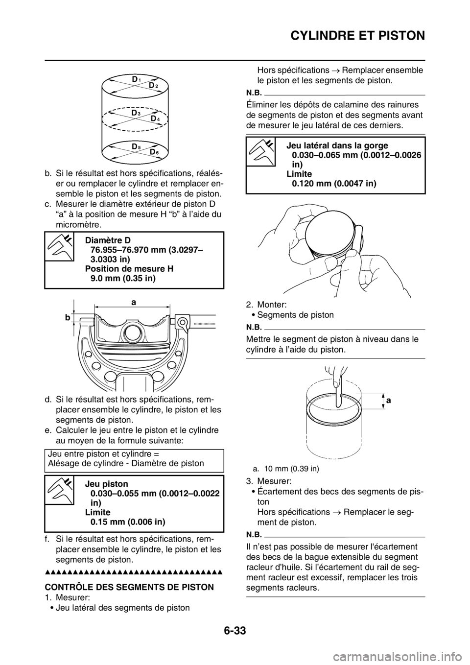 YAMAHA WR 250F 2015  Notices Demploi (in French) CYLINDRE ET PISTON
6-33
b. Si le résultat est hors spécifications, réalés-
er ou remplacer le cylindre et remplacer en-
semble le piston et les segments de piston.
c. Mesurer le diamètre extérie