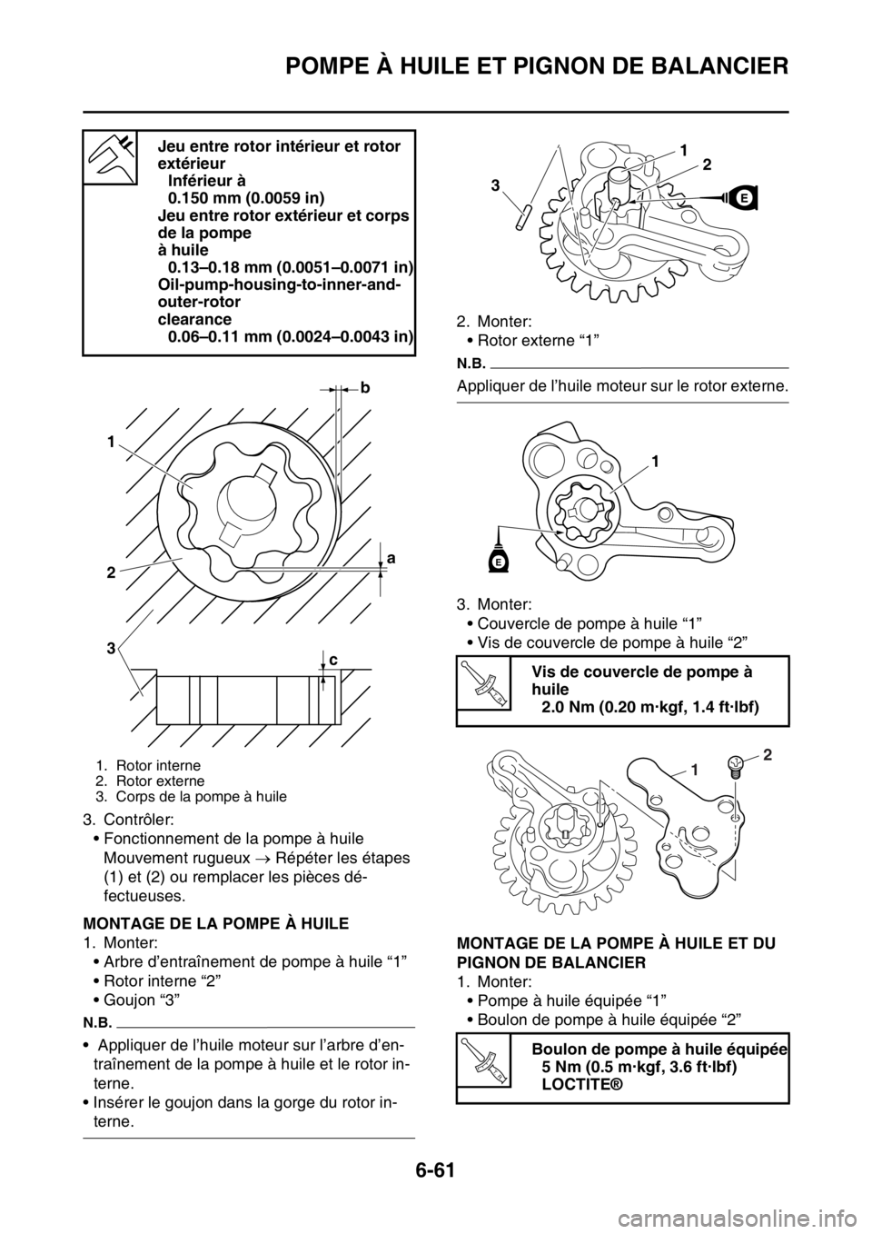YAMAHA WR 250F 2015  Notices Demploi (in French) POMPE À HUILE ET PIGNON DE BALANCIER
6-61
3. Contrôler:
• Fonctionnement de la pompe à huile
Mouvement rugueux  Répéter les étapes 
(1) et (2) ou remplacer les pièces dé-
fectueuses.
FAS2