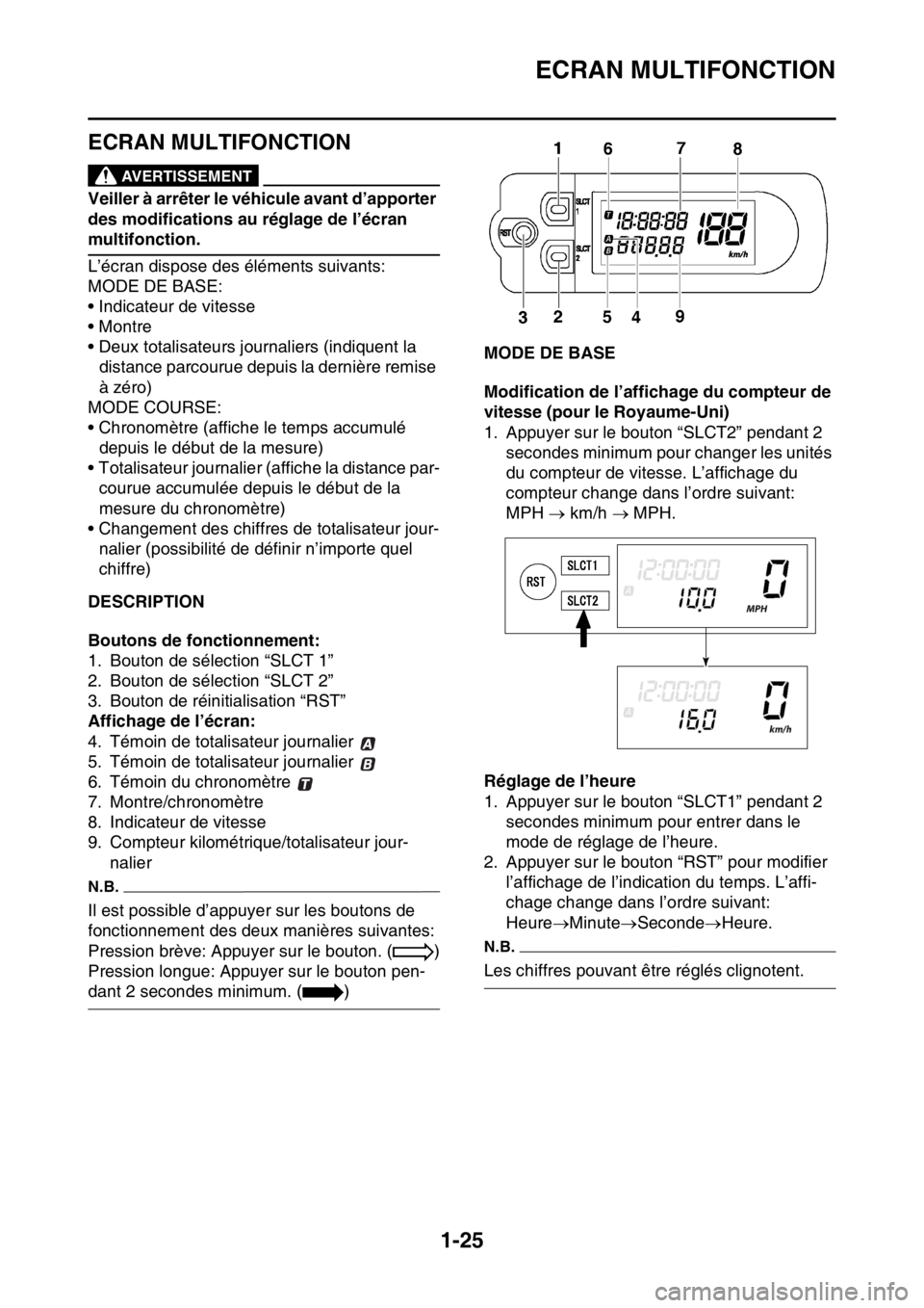 YAMAHA WR 250F 2015  Notices Demploi (in French) ECRAN MULTIFONCTION
1-25
FAS2GB2044
ECRAN MULTIFONCTIONEWA
AVERTISSEMENT
Veiller à arrêter le véhicule avant d’apporter 
des modifications au réglage de l’écran 
multifonction.
L’écran dis