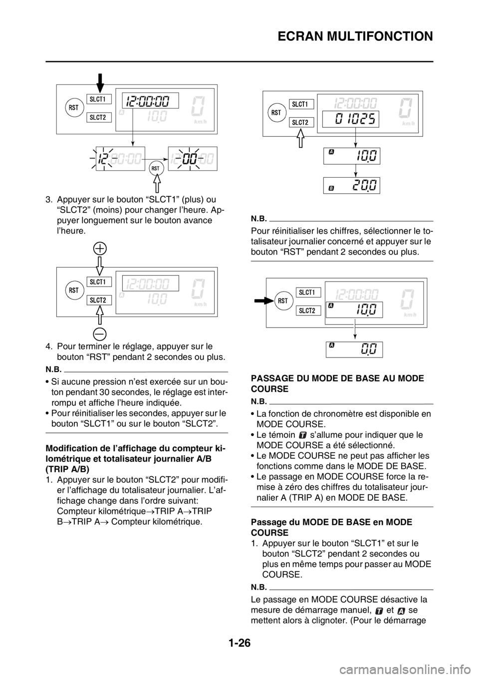 YAMAHA WR 250F 2015  Notices Demploi (in French) ECRAN MULTIFONCTION
1-26
3. Appuyer sur le bouton “SLCT1” (plus) ou 
“SLCT2” (moins) pour changer l’heure. Ap-
puyer longuement sur le bouton avance 
l’heure.
4. Pour terminer le réglage,