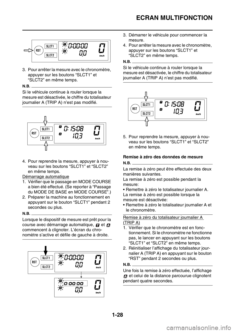 YAMAHA WR 250F 2015  Notices Demploi (in French) ECRAN MULTIFONCTION
1-28
3. Pour arrêter la mesure avec le chronomètre, 
appuyer sur les boutons “SLCT1” et 
“SLCT2” en même temps.
N.B.
Si le véhicule continue à rouler lorsque la 
mesur