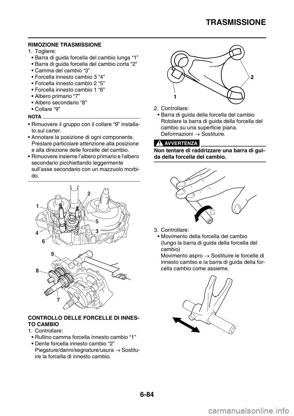YAMAHA WR 250F 2015 Manuale duso (in Italian) TRASMISSIONE
6-84
HAS2GB3325RIMOZIONE TRASMISSIONE
1. Togliere:
• Barra di guida forcella del cambio lunga “1”
• Barra di guida forcella del cambio corta “2”
• Camma del cambio “3”
YAMAHA WR 250F 2015 Manuale duso (in Italian) TRASMISSIONE
6-84
HAS2GB3325RIMOZIONE TRASMISSIONE
1. Togliere:
• Barra di guida forcella del cambio lunga “1”
• Barra di guida forcella del cambio corta “2”
• Camma del cambio “3”