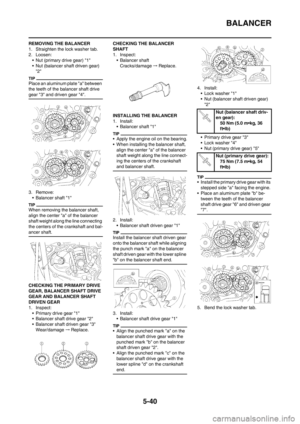 YAMAHA WR 250F 2014  Owners Manual 5-40
BALANCER
REMOVING THE BALANCER
1. Straighten the lock washer tab.
2. Loosen:
• Nut (primary drive gear) "1"
• Nut (balancer shaft driven gear) 
"2"
Place an aluminum plate "a" between 
the te