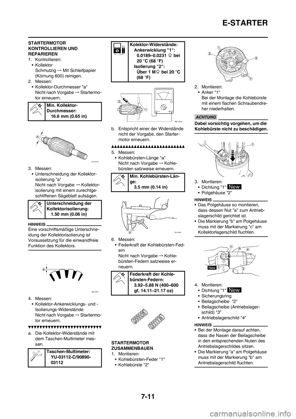 YAMAHA WR 250F 2014 Betriebsanleitungen (in German) 7-11
E-STARTER
STARTERMOTOR
KONTROLLIEREN UND
REPARIEREN
1. Kontrollieren:
•Kollektor
Schmutzig→Mit Schleifpapier
(Körnung 600) reinigen.
2. Messen:
• Kollektor-Durchmesser "a"
Nicht nach Vo YAMAHA WR 250F 2014 Betriebsanleitungen (in German) 7-11
E-STARTER
STARTERMOTOR
KONTROLLIEREN UND
REPARIEREN
1. Kontrollieren:
•Kollektor
Schmutzig→Mit Schleifpapier
(Körnung 600) reinigen.
2. Messen:
• Kollektor-Durchmesser "a"
Nicht nach Vo