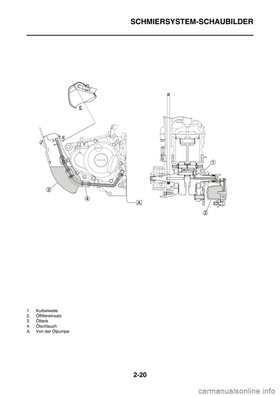 YAMAHA WR 250F 2014  Betriebsanleitungen (in German) 2-20
SCHMIERSYSTEM-SCHAUBILDER
1. Kurbelwelle
2. Ölfiltereinsatz
3. Öltank
4. Ölschlauch
A. Von der Ölpumpe 