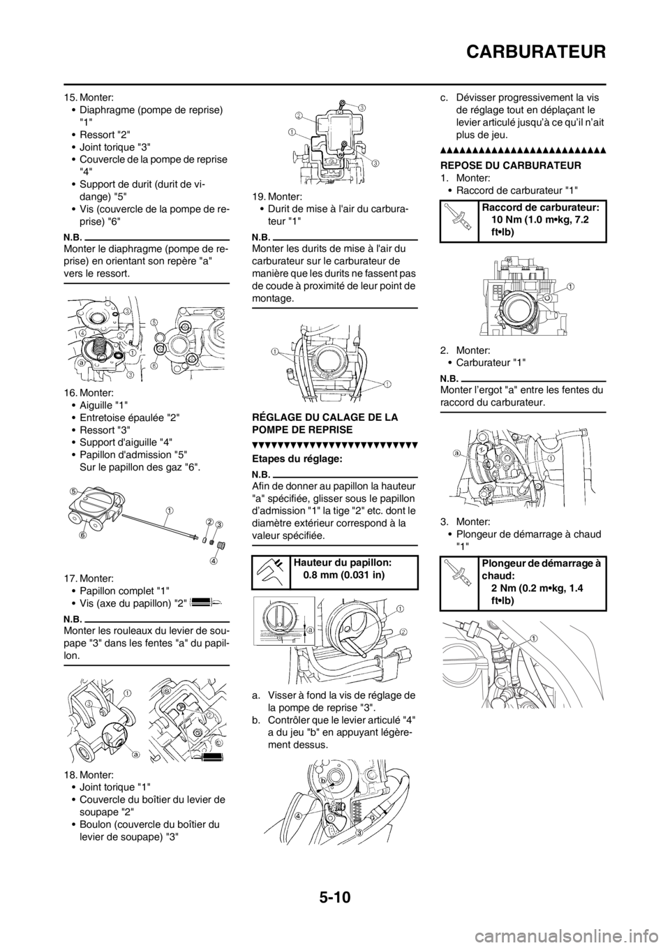 YAMAHA WR 250F 2014 Notices Demploi (in French) 5-10
CARBURATEUR
15. Monter:
• Diaphragme (pompe de reprise)
"1"
• Ressort "2"
• Joint torique "3"
• Couvercle de la pompe de reprise
"4"
• Support de durit (durit de vi-
dange) "5"
• Vi YAMAHA WR 250F 2014 Notices Demploi (in French) 5-10
CARBURATEUR
15. Monter:
• Diaphragme (pompe de reprise)
"1"
• Ressort "2"
• Joint torique "3"
• Couvercle de la pompe de reprise
"4"
• Support de durit (durit de vi-
dange) "5"
• Vi