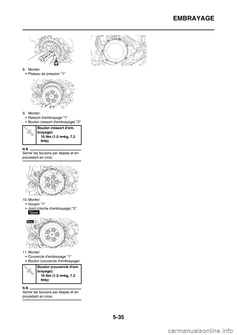 YAMAHA WR 250F 2014  Notices Demploi (in French) 5-35
EMBRAYAGE
8. Monter:
• Plateau de pression "1"
9. Monter:
• Ressort dembrayage "1"
• Boulon (ressort dembrayage) "2"
Serrer les boulons par étapes et en 
procédant en croix.
10. Monter: