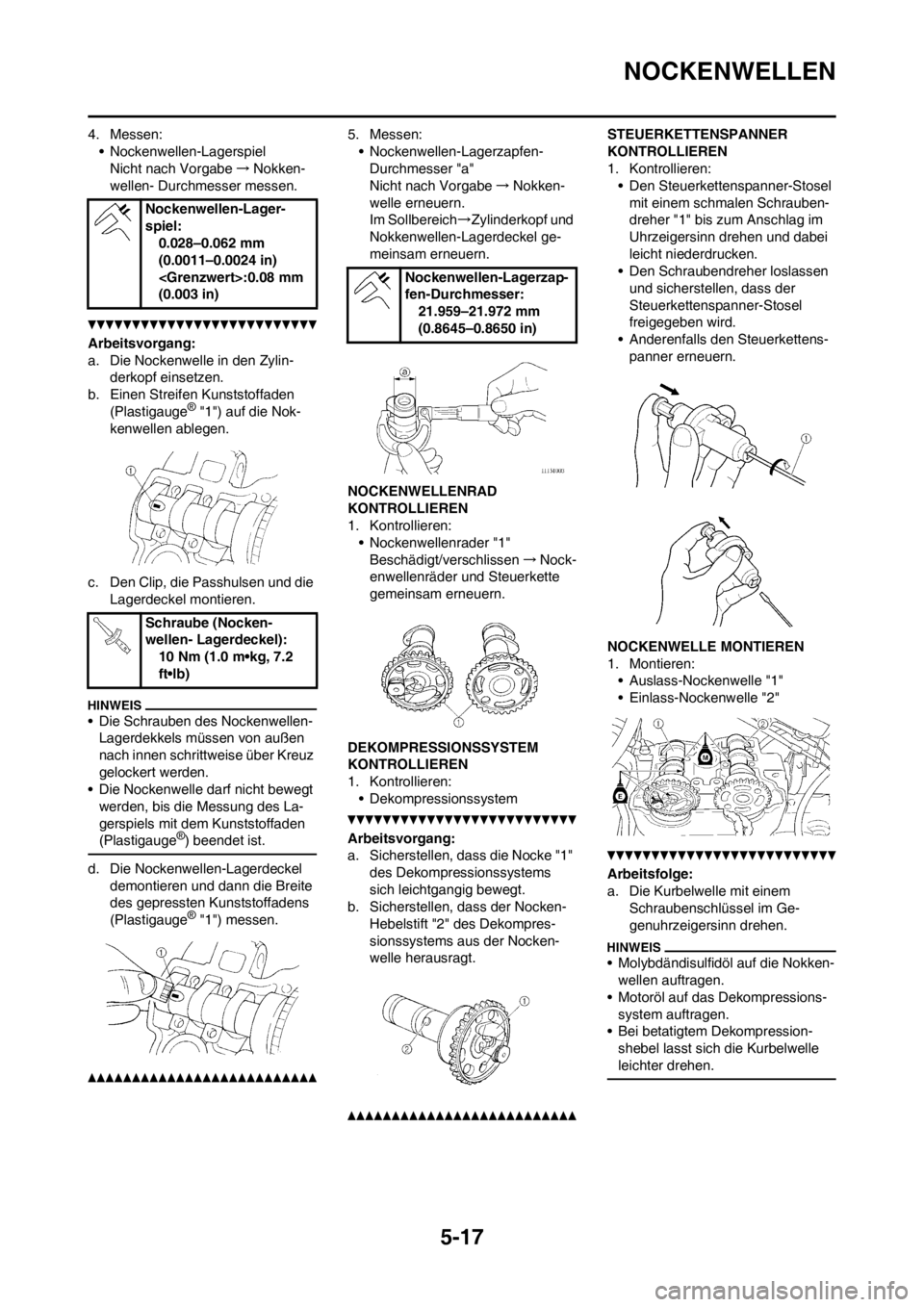 YAMAHA WR 250F 2013  Betriebsanleitungen (in German) 5-17
NOCKENWELLEN
4. Messen:
• Nockenwellen-Lagerspiel
Nicht nach Vorgabe→Nokken-
wellen- Durchmesser messen.
Arbeitsvorgang:
a. Die Nockenwelle in den Zylin-
derkopf einsetzen.
b. Einen Streifen 