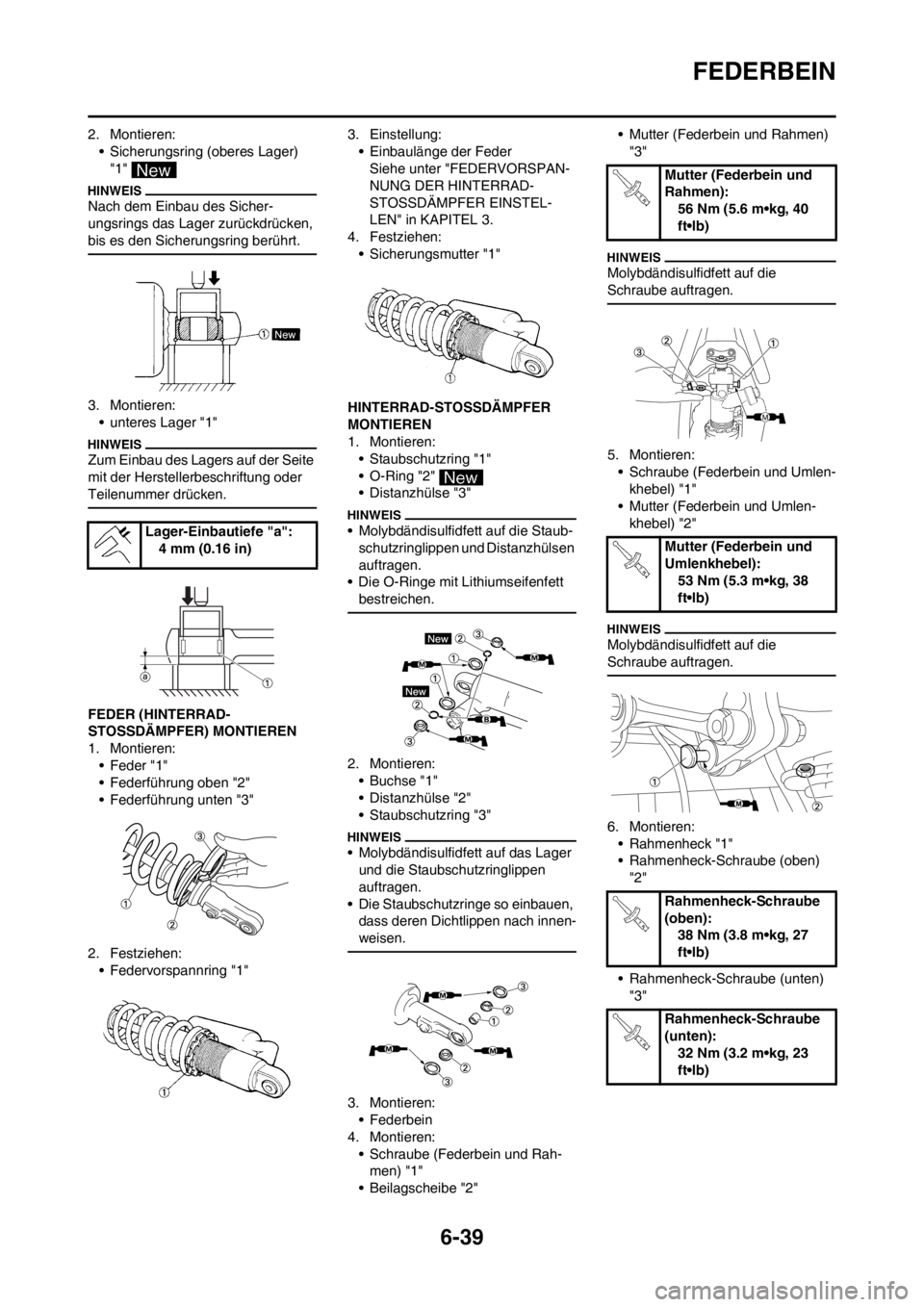 YAMAHA WR 250F 2013  Betriebsanleitungen (in German) 6-39
FEDERBEIN
2. Montieren:
• Sicherungsring (oberes Lager) 
"1" 
Nach dem Einbau des Sicher-
ungsrings das Lager zurückdrücken, 
bis es den Sicherungsring berührt.
3. Montieren:
• unteres Lag