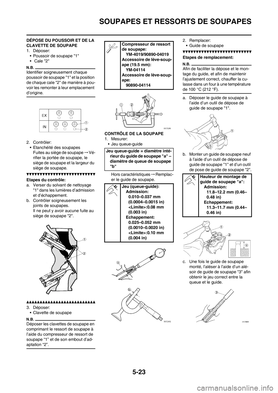 YAMAHA WR 250F 2013  Notices Demploi (in French) 5-23
SOUPAPES ET RESSORTS DE SOUPAPES
DÉPOSE DU POUSSOIR ET DE LA 
CLAVETTE DE SOUPAPE
1. Déposer:• Poussoir de soupape "1"
•  Cale "2"
Identifier soigneusement chaque 
poussoir de soupape "1" e