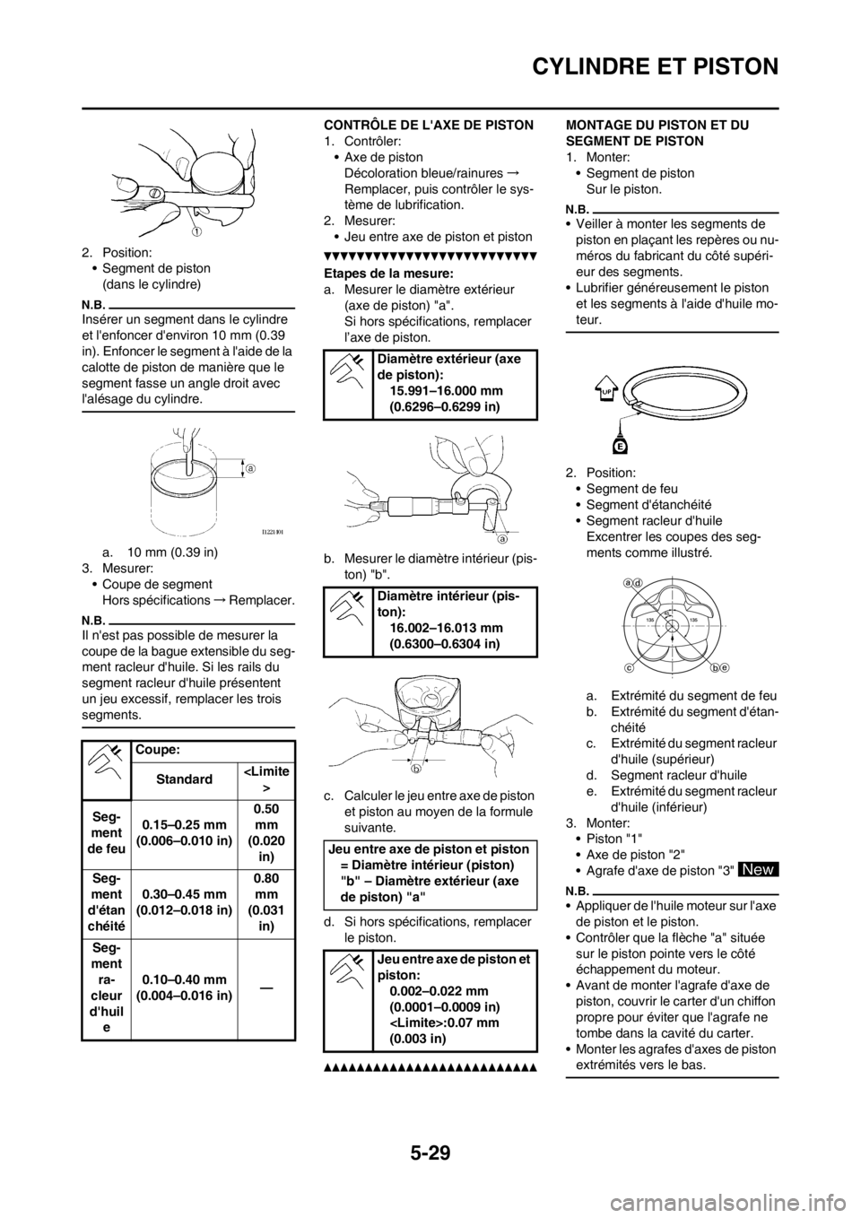 YAMAHA WR 250F 2013  Notices Demploi (in French) 5-29
CYLINDRE ET PISTON
2. Position:
• Segment de piston
(dans le cylindre)
Insérer un segment dans le cylindre 
et lenfoncer denviron 10 mm (0.39 
in). Enfoncer le segment à laide de la 
calot