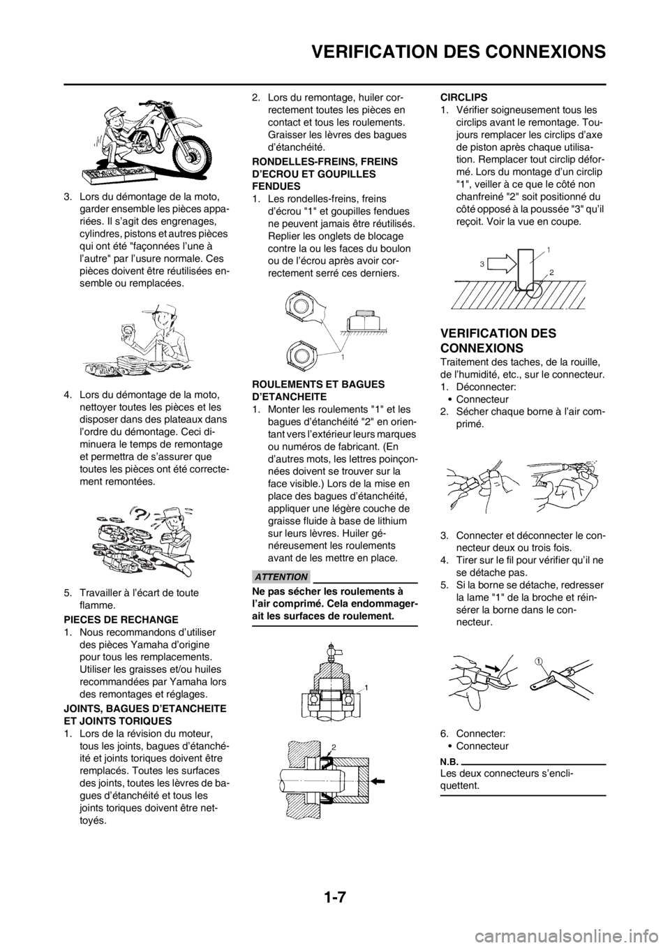 YAMAHA WR 250F 2013  Notices Demploi (in French) 1-7
VERIFICATION DES CONNEXIONS
3. Lors du démontage de la moto, 
garder ensemble les pièces appa-
riées. Il s’agit des engrenages, 
cylindres, pistons et autres pièces 
qui ont été "façonné