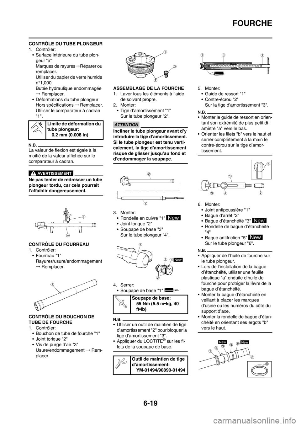 YAMAHA WR 250F 2013  Notices Demploi (in French) 6-19
FOURCHE
CONTRÔLE DU TUBE PLONGEUR
1. Contrôler:
• Surface intérieure du tube plon-
geur "a"
Marques de rayures→Réparer ou 
remplacer.
Utiliser du papier de verre humide 
n°1,000.
Butée 