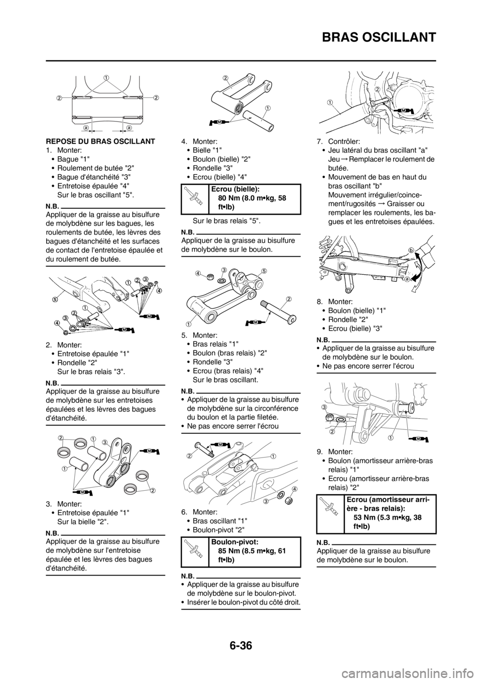 YAMAHA WR 250F 2013  Notices Demploi (in French) 6-36
BRAS OSCILLANT
REPOSE DU BRAS OSCILLANT
1. Monter:
• Bague "1"
• Roulement de butée "2"
• Bague détanchéité "3"
• Entretoise épaulée "4"
Sur le bras oscillant "5".
Appliquer de la 