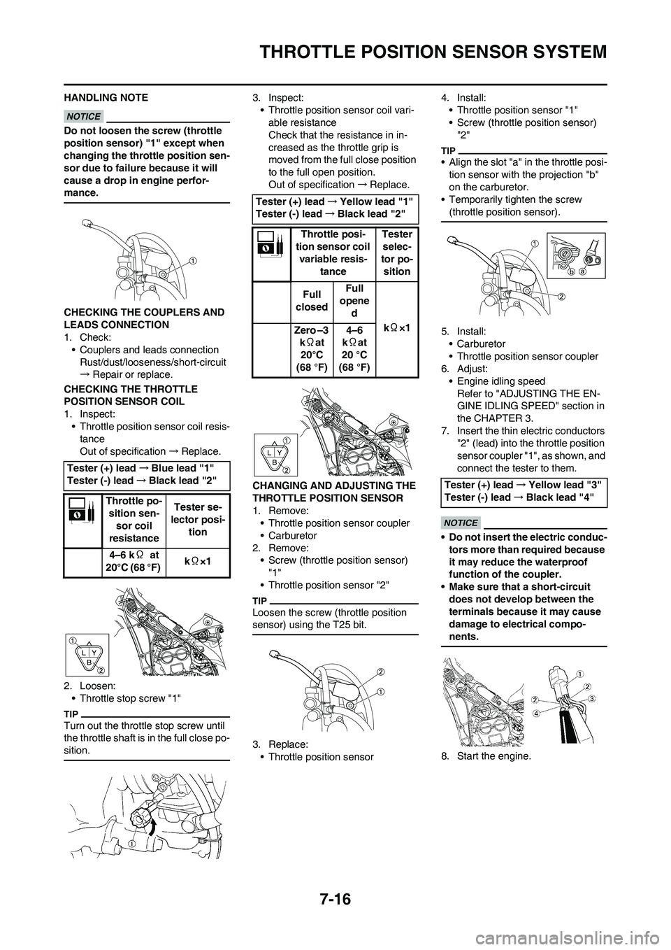YAMAHA WR 250F 2011 Owners Manual 7-16
THROTTLE POSITION SENSOR SYSTEM
HANDLING NOTE
Do not loosen the screw (throttle
position sensor) "1" except when
changing the throttle position sen-
sor due to failure because it will
cause a YAMAHA WR 250F 2011 Owners Manual 7-16
THROTTLE POSITION SENSOR SYSTEM
HANDLING NOTE
Do not loosen the screw (throttle
position sensor) "1" except when
changing the throttle position sen-
sor due to failure because it will
cause a