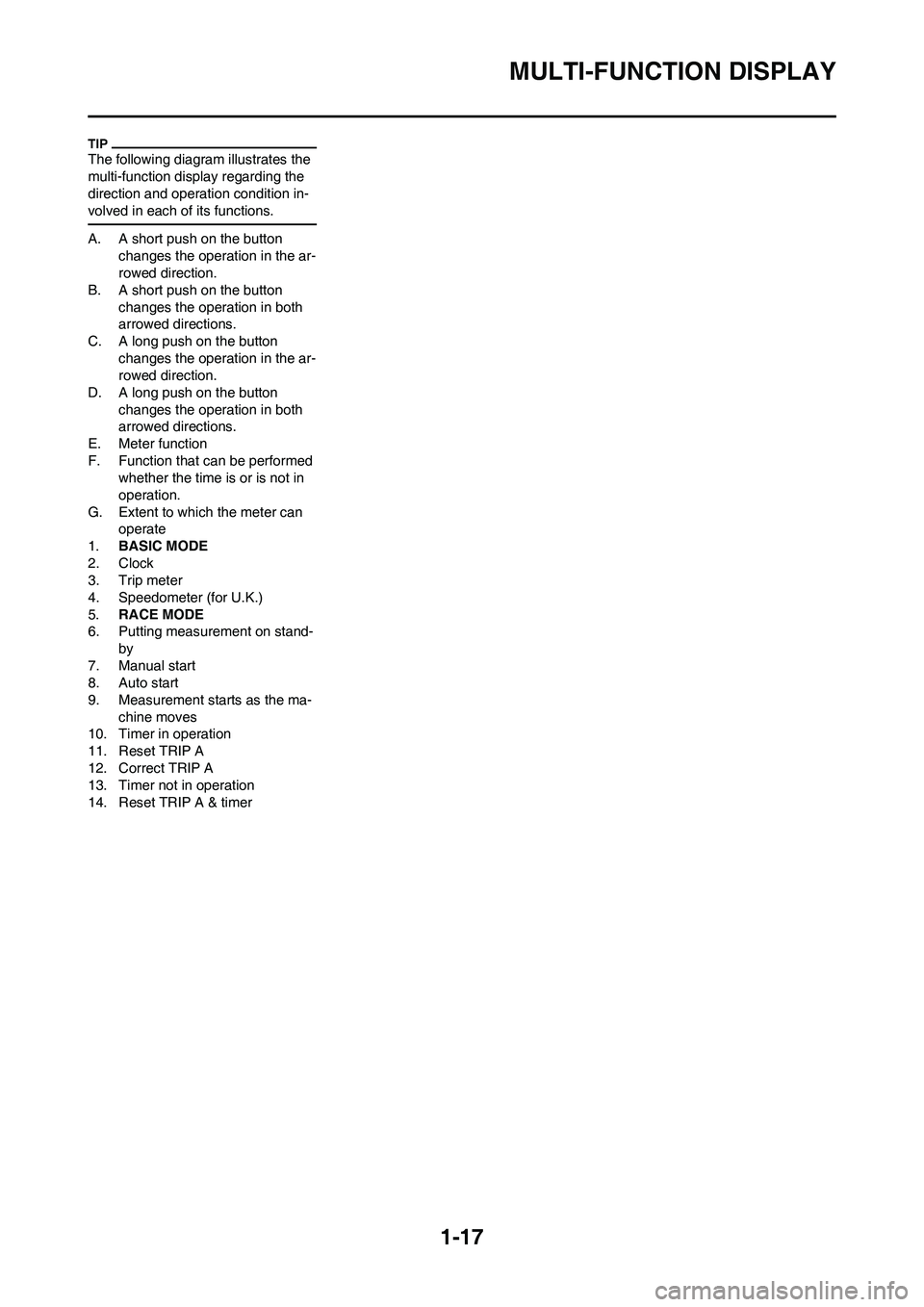 YAMAHA WR 250F 2011  Owners Manual 1-17
MULTI-FUNCTION DISPLAY
The following diagram illustrates the 
multi-function display regarding the 
direction and operation condition in-
volved in each of its functions.
A. A short push on the b