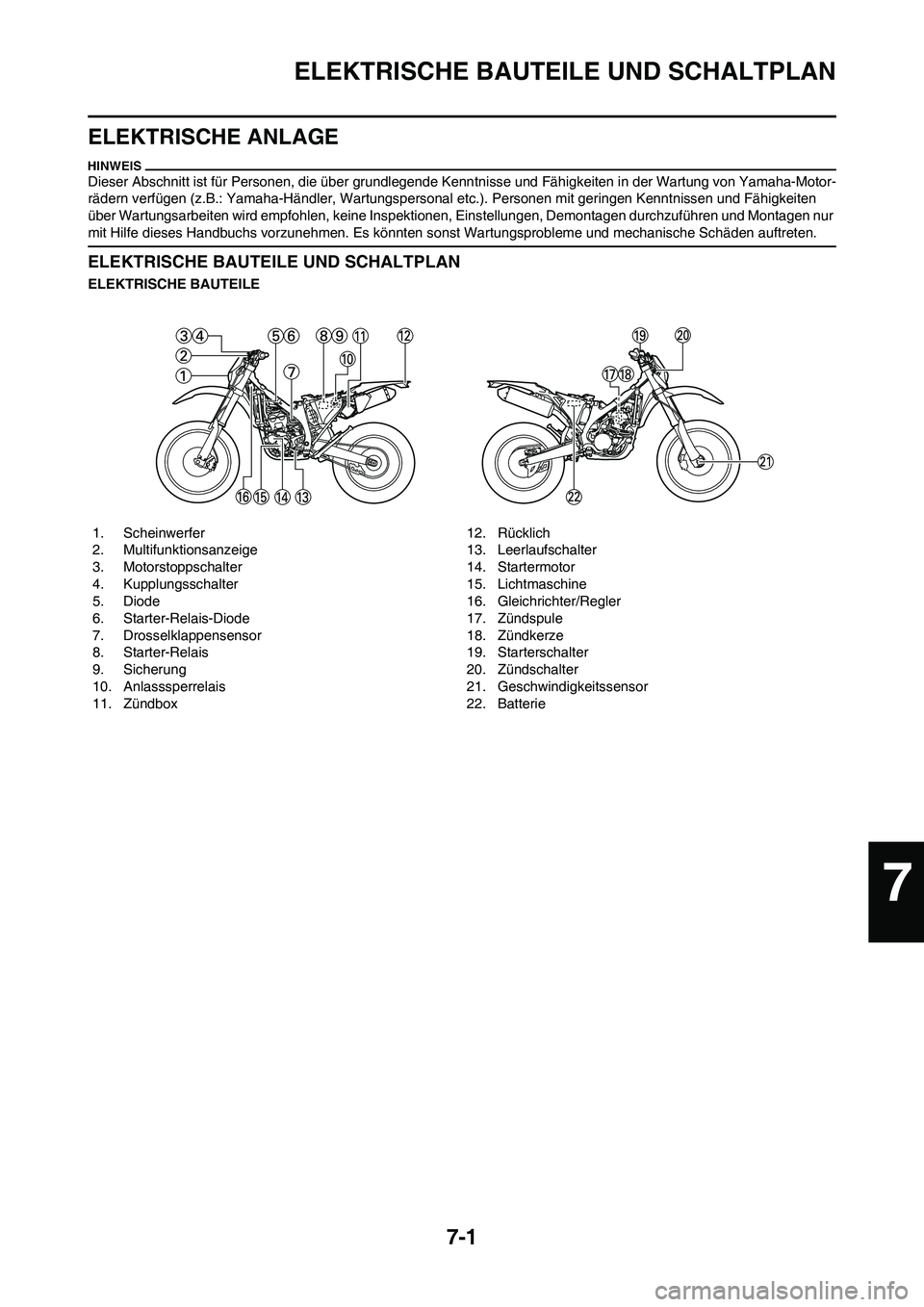 YAMAHA WR 250F 2011  Betriebsanleitungen (in German) 7-1
ELEKTRISCHE BAUTEILE UND SCHALTPLAN
ELEKTRISCHE ANLAGE
Dieser Abschnitt ist für Personen, die über grundlegende Kenntnisse und Fähigkeiten in der Wartung von Yamaha-Motor-
rädern verfügen (z.