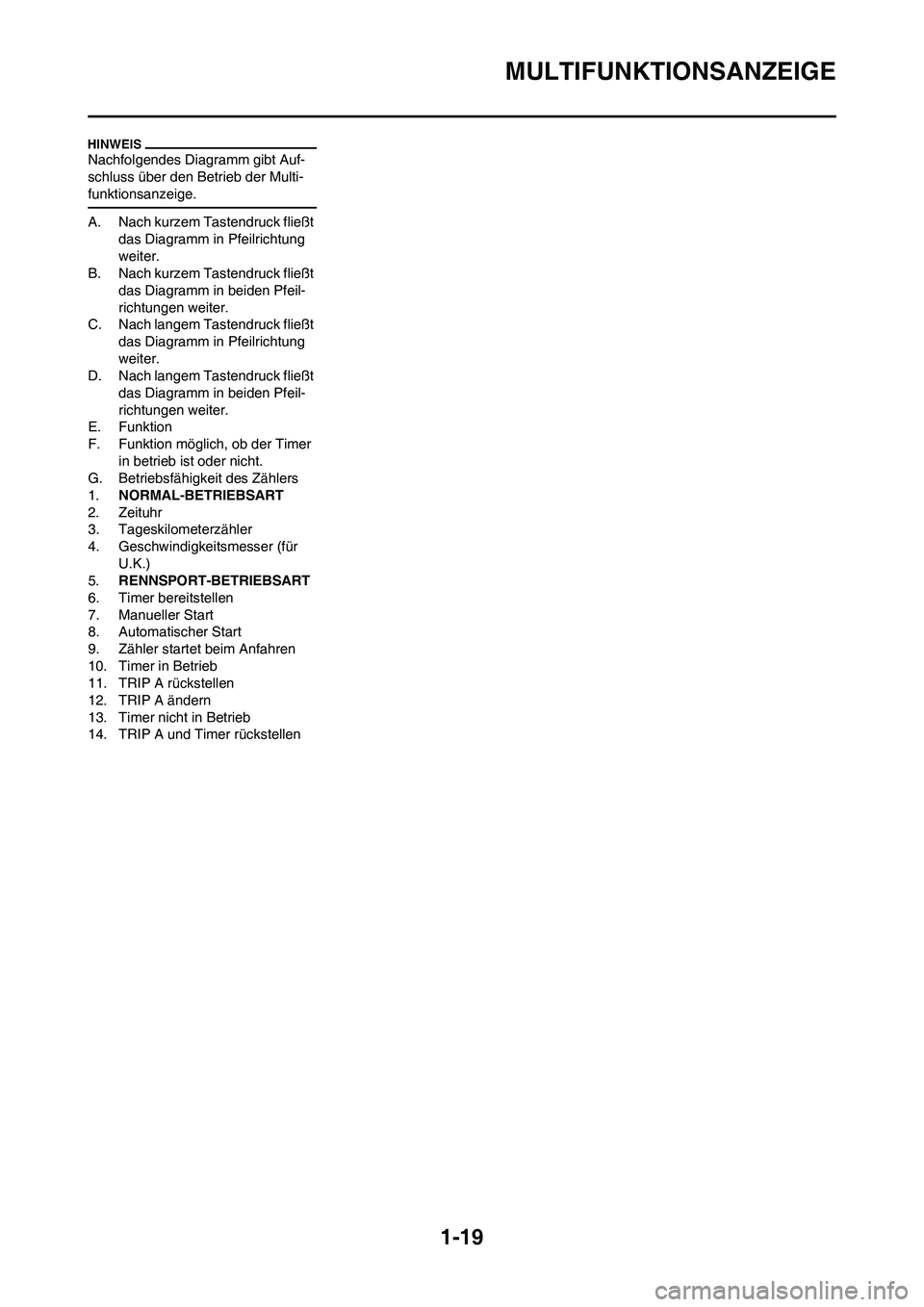 YAMAHA WR 250F 2011  Betriebsanleitungen (in German) 
1-19
MULTIFUNKTIONSANZEIGE
Nachfolgendes Diagramm gibt Auf-
schluss über den Betrieb der Multi-
funktionsanzeige.
A. Nach kurzem Tastendruck fließt das Diagramm in Pfeilrichtung 
weiter.
B. Nach ku