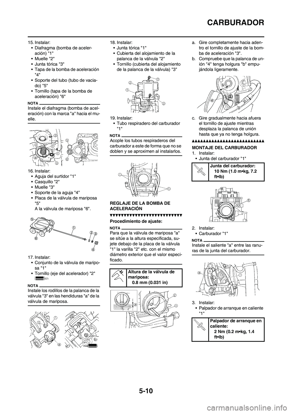 YAMAHA WR 250F 2011 Manuale de Empleo (in Spanish) 5-10
CARBURADOR
15. Instalar:
• Diafragma (bomba de aceler-
ación) "1"
• Muelle "2"
• Junta tórica "3"
• Tapa de la bomba de aceleración
"4"
• Soporte del tubo (tubo de vacia-
do) "5"
YAMAHA WR 250F 2011 Manuale de Empleo (in Spanish) 5-10
CARBURADOR
15. Instalar:
• Diafragma (bomba de aceler-
ación) "1"
• Muelle "2"
• Junta tórica "3"
• Tapa de la bomba de aceleración
"4"
• Soporte del tubo (tubo de vacia-
do) "5"