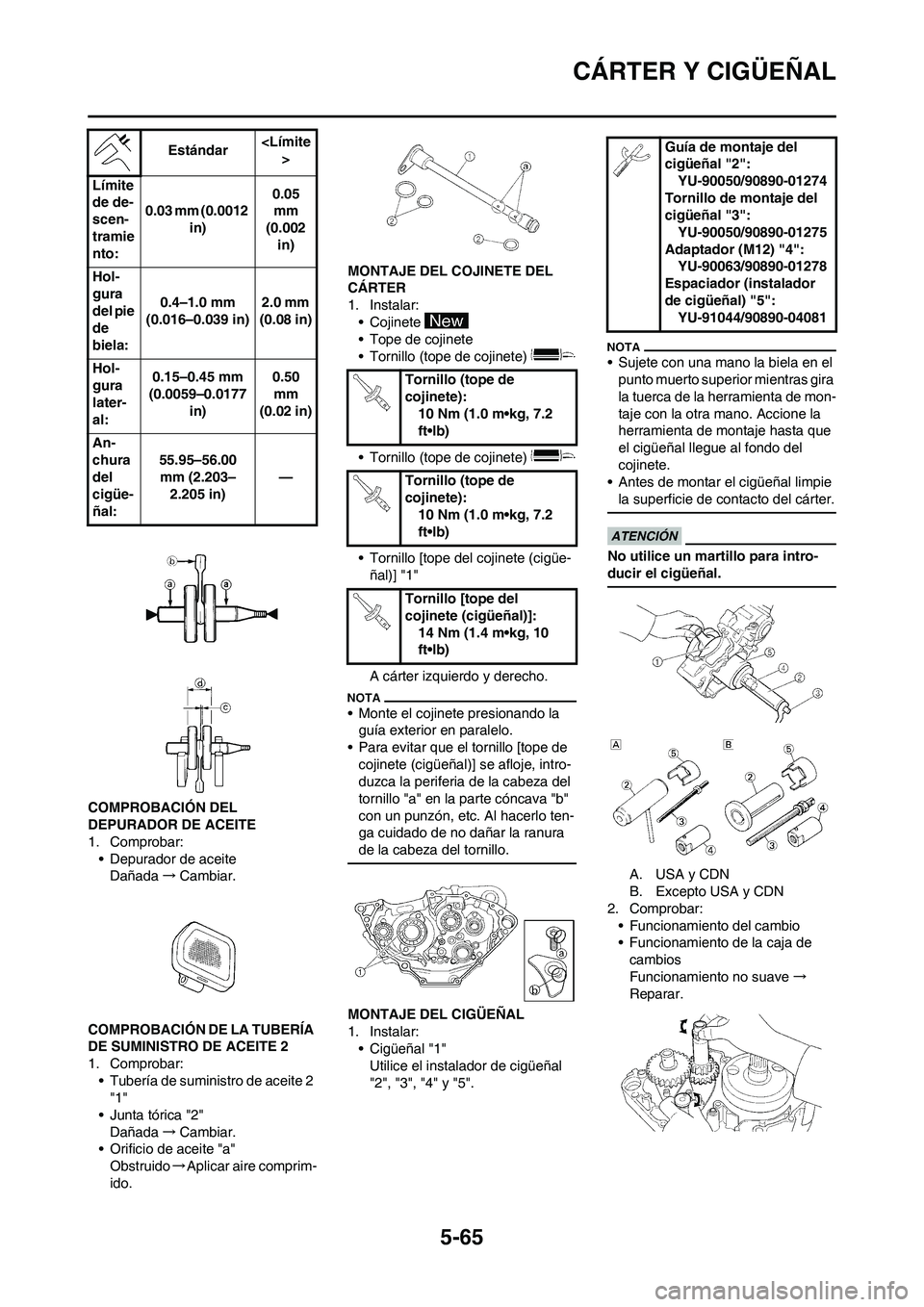 YAMAHA WR 250F 2011  Manuale de Empleo (in Spanish) 5-65
CÁRTER Y CIGÜEÑAL
COMPROBACIÓN DEL 
DEPURADOR DE ACEITE
1. Comprobar:
• Depurador de aceite
Dañada→Cambiar.
COMPROBACIÓN DE LA TUBERÍA 
DE SUMINISTRO DE ACEITE 2
1. Comprobar:
• Tube