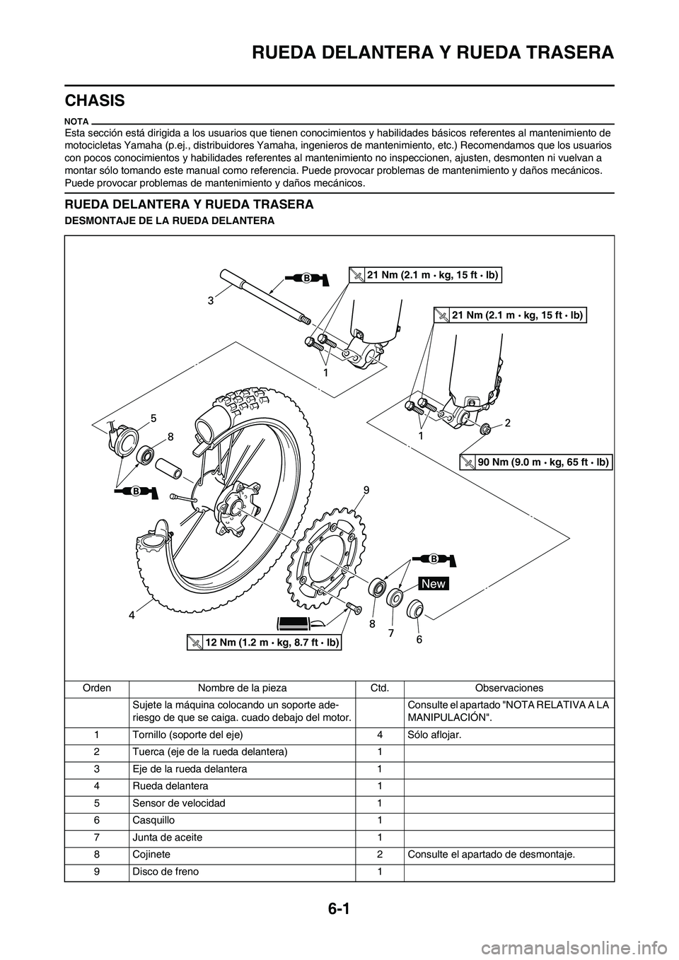 YAMAHA WR 250F 2011  Manuale de Empleo (in Spanish) 
6-1
RUEDA DELANTERA Y RUEDA TRASERA
CHASIS
Esta sección está dirigida a los usuarios que tienen conocimientos y habilidades básicos referentes al mantenimiento de 
motocicletas Yamaha (p.ej., dist