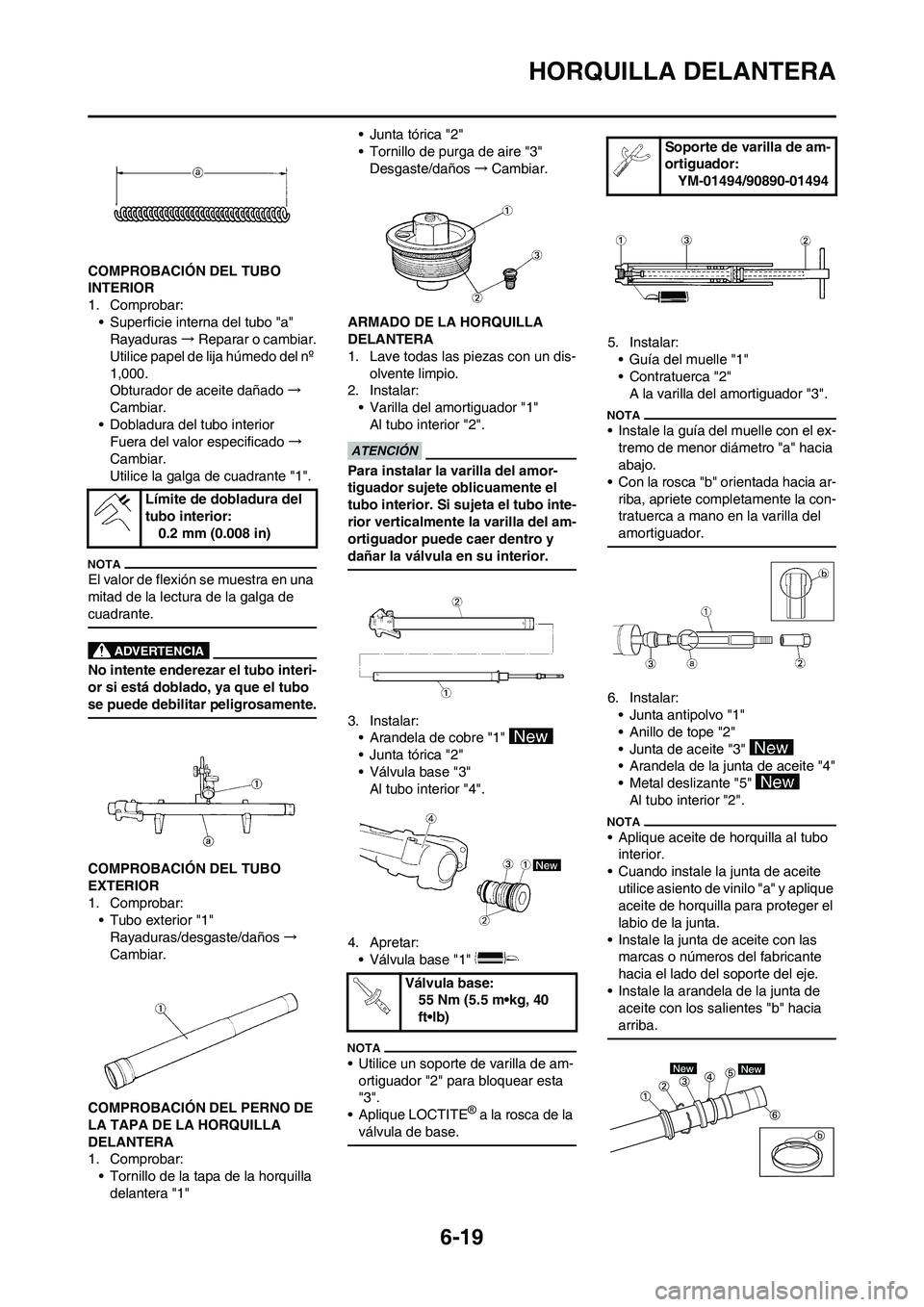 YAMAHA WR 250F 2011  Manuale de Empleo (in Spanish) 6-19
HORQUILLA DELANTERA
COMPROBACIÓN DEL TUBO 
INTERIOR
1. Comprobar:
• Superficie interna del tubo "a"
Rayaduras→Reparar o cambiar.
Utilice papel de lija húmedo del nº 
1,000.
Obturador de ac