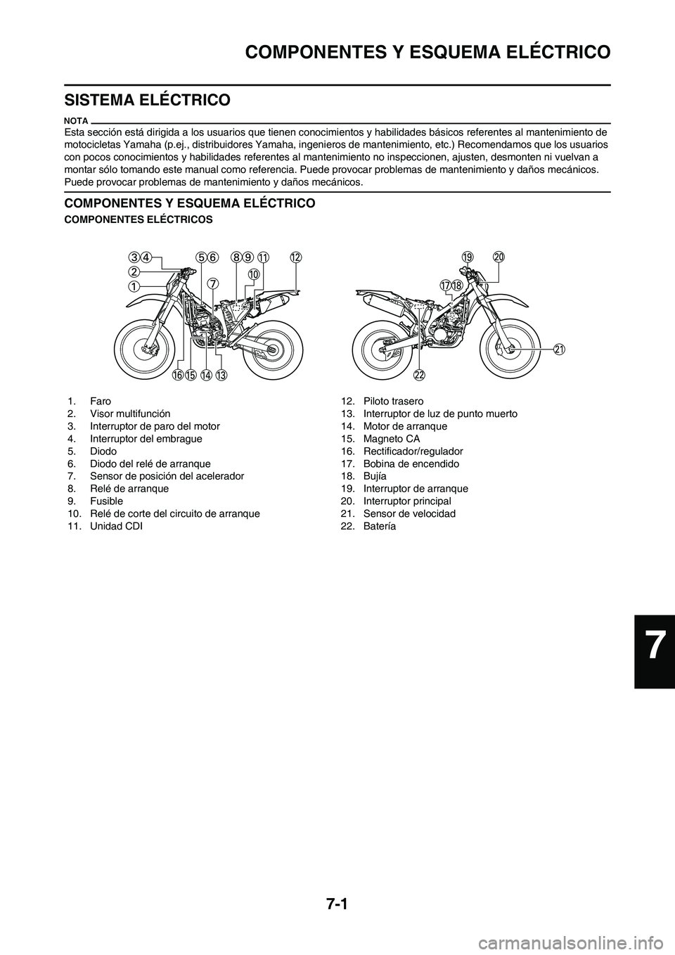 YAMAHA WR 250F 2011  Manuale de Empleo (in Spanish) 7-1
COMPONENTES Y ESQUEMA ELÉCTRICO
SISTEMA ELÉCTRICO
Esta sección está dirigida a los usuarios que tienen conocimientos y habilidades básicos referentes al mantenimiento de 
motocicletas Yamaha 