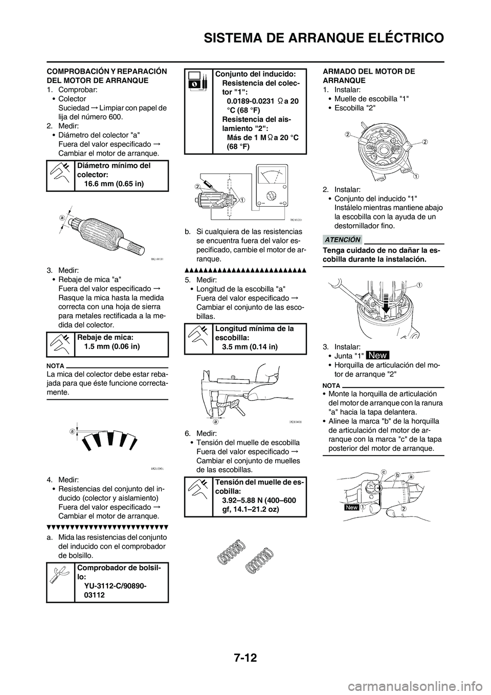 YAMAHA WR 250F 2011  Manuale de Empleo (in Spanish) 7-12
SISTEMA DE ARRANQUE ELÉCTRICO
COMPROBACIÓN Y REPARACIÓN 
DEL MOTOR DE ARRANQUE
1. Comprobar:
• Colector
Suciedad→Limpiar con papel de 
lija del número 600.
2. Medir:
• Diámetro del col