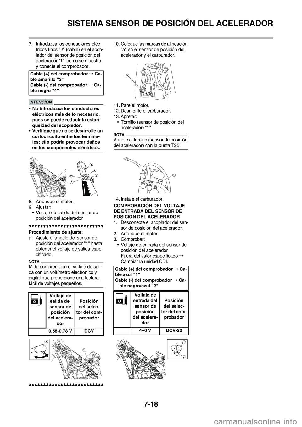 YAMAHA WR 250F 2011  Manuale de Empleo (in Spanish) 7-18
SISTEMA SENSOR DE POSICIÓN DEL ACELERADOR
7. Introduzca los conductores eléc-
tricos finos "2" (cable) en el acop-
lador del sensor de posición del 
acelerador "1", como se muestra, 
y conecte