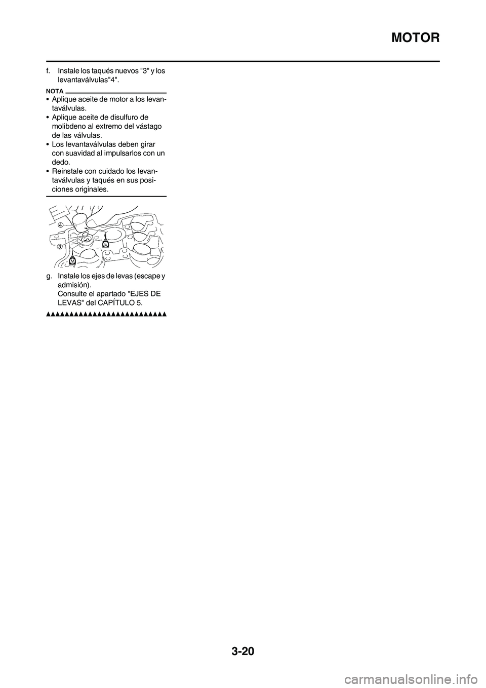 YAMAHA WR 250F 2011  Manuale de Empleo (in Spanish) 3-20
MOTOR
f. Instale los taqués nuevos "3" y los 
levantaválvulas"4".
• Aplique aceite de motor a los levan-
taválvulas.
• Aplique aceite de disulfuro de 
molibdeno al extremo del vástago 
de