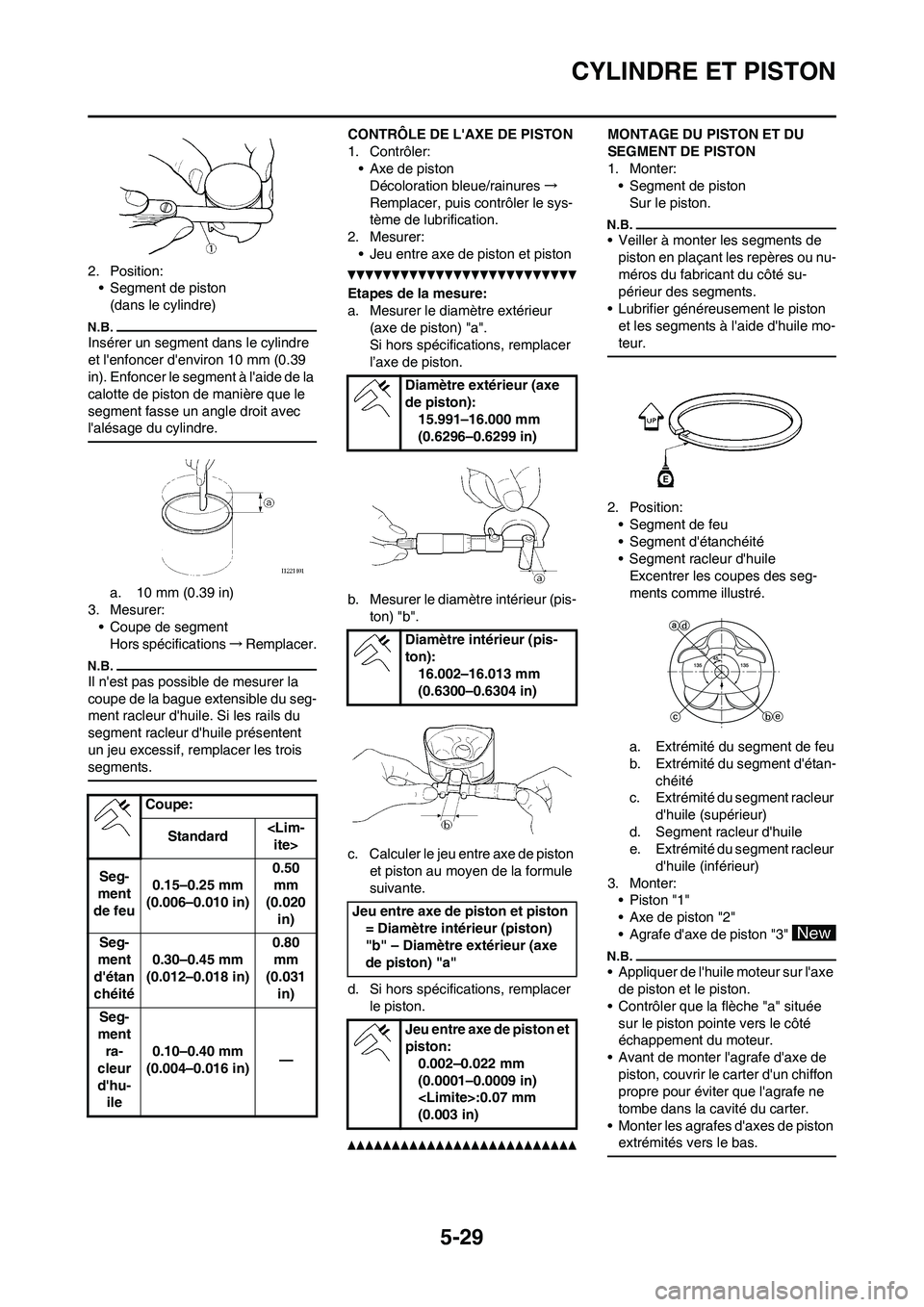 YAMAHA WR 250F 2011 Notices Demploi (in French) 5-29
CYLINDRE ET PISTON
2. Position:
• Segment de piston
(dans le cylindre)
Insérer un segment dans le cylindre
et lenfoncer denviron 10 mm (0.39
in). Enfoncer le segment à laide de la
calot YAMAHA WR 250F 2011 Notices Demploi (in French) 5-29
CYLINDRE ET PISTON
2. Position:
• Segment de piston
(dans le cylindre)
Insérer un segment dans le cylindre
et lenfoncer denviron 10 mm (0.39
in). Enfoncer le segment à laide de la
calot