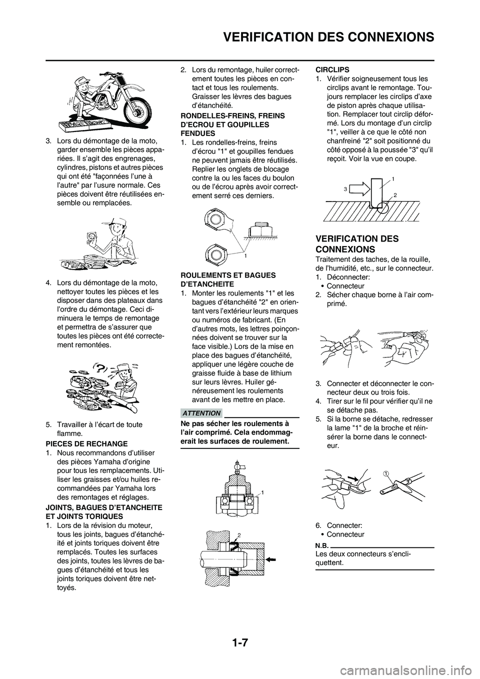 YAMAHA WR 250F 2011 Notices Demploi (in French)
1-7
VERIFICATION DES CONNEXIONS
3. Lors du démontage de la moto, garder ensemble les pièces appa-
riées. Il s’agit des engrenages,
cylindres, pistons et autres pièces
qui ont été "façonné YAMAHA WR 250F 2011 Notices Demploi (in French)
1-7
VERIFICATION DES CONNEXIONS
3. Lors du démontage de la moto, garder ensemble les pièces appa-
riées. Il s’agit des engrenages,
cylindres, pistons et autres pièces
qui ont été "façonné